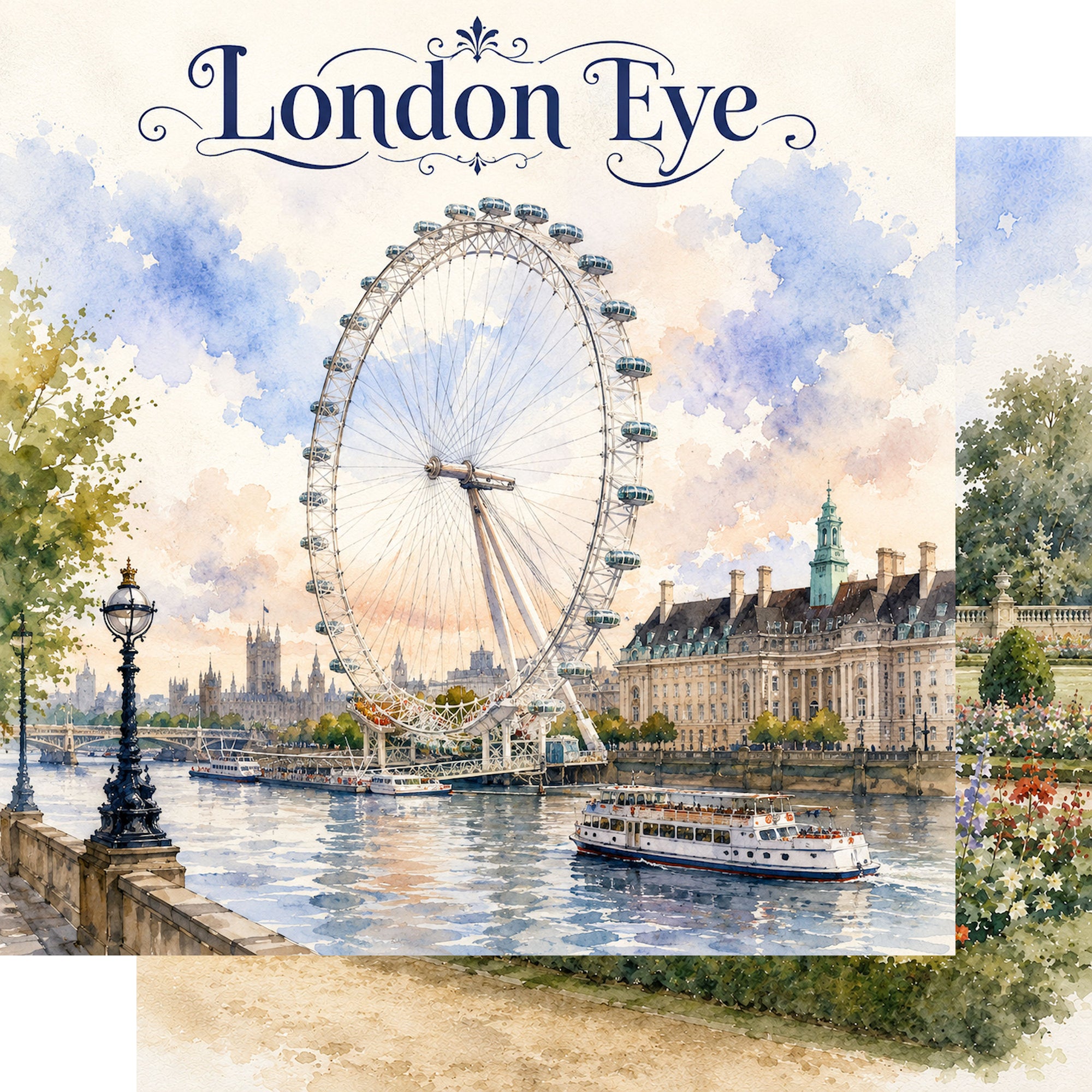 Watercolor London Collection London Eye 12 x 12 Double-Sided Scrapbook Paper by SSC Designs
