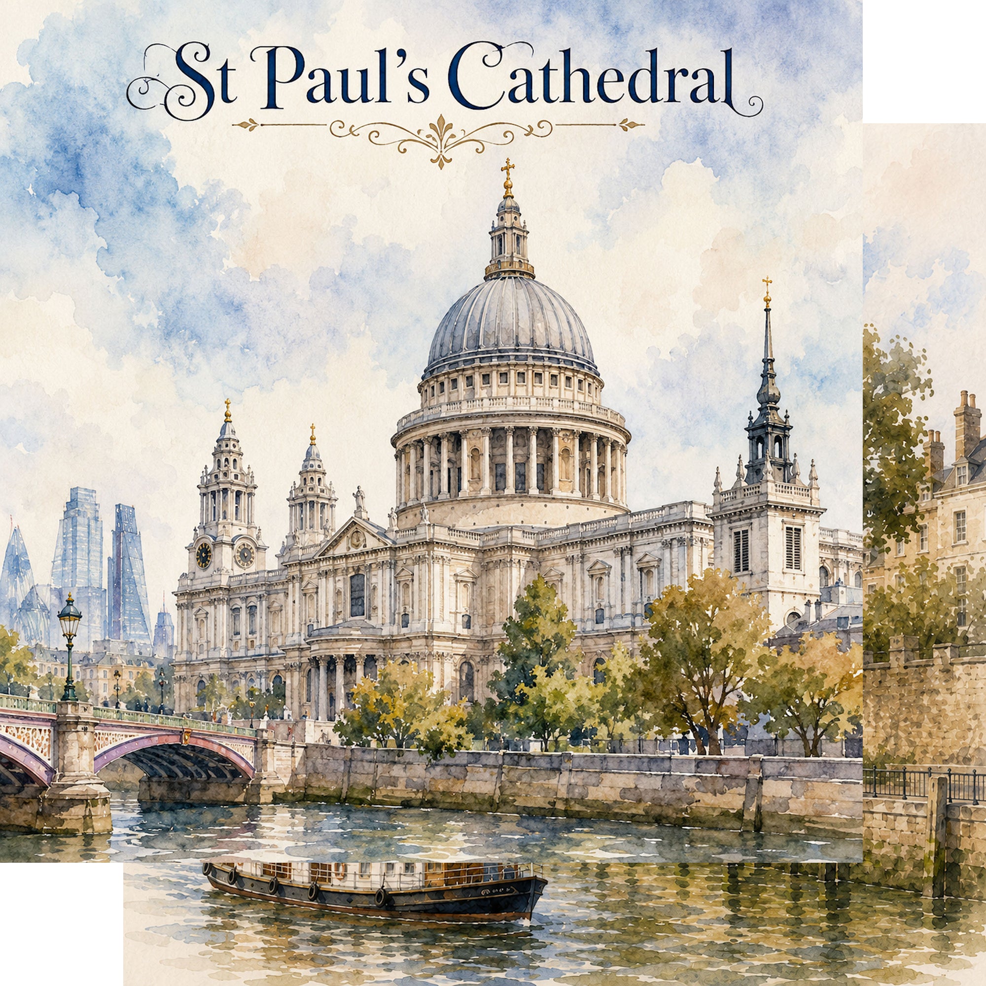 Watercolor London Collection St. Paul's Cathedral 12 x 12 Double-Sided Scrapbook Paper by SSC Designs