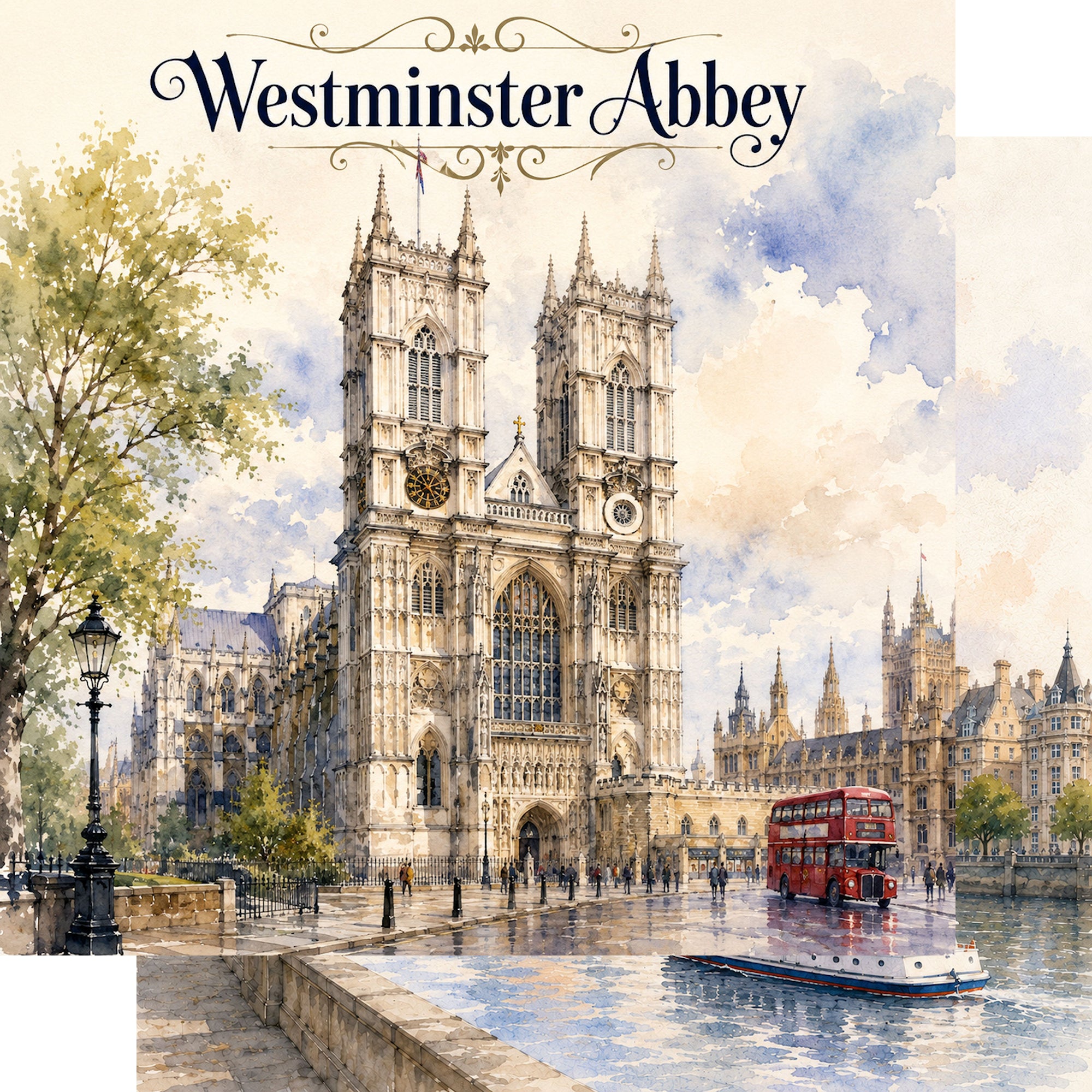 Watercolor London Collection Westminster Abbey 12 x 12 Double-Sided Scrapbook Paper by SSC Designs