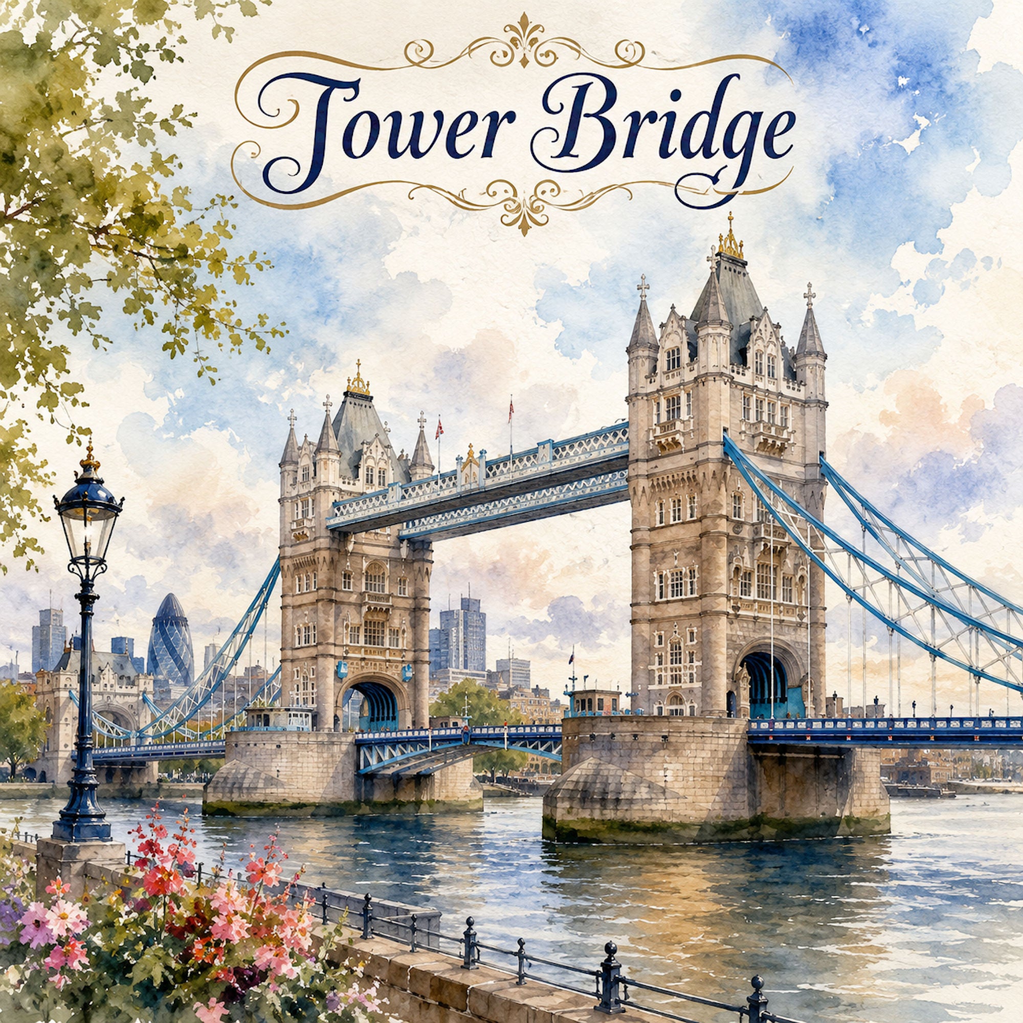 Watercolor London Collection Tower Bridge 12 x 12 Double-Sided Scrapbook Paper by SSC Designs