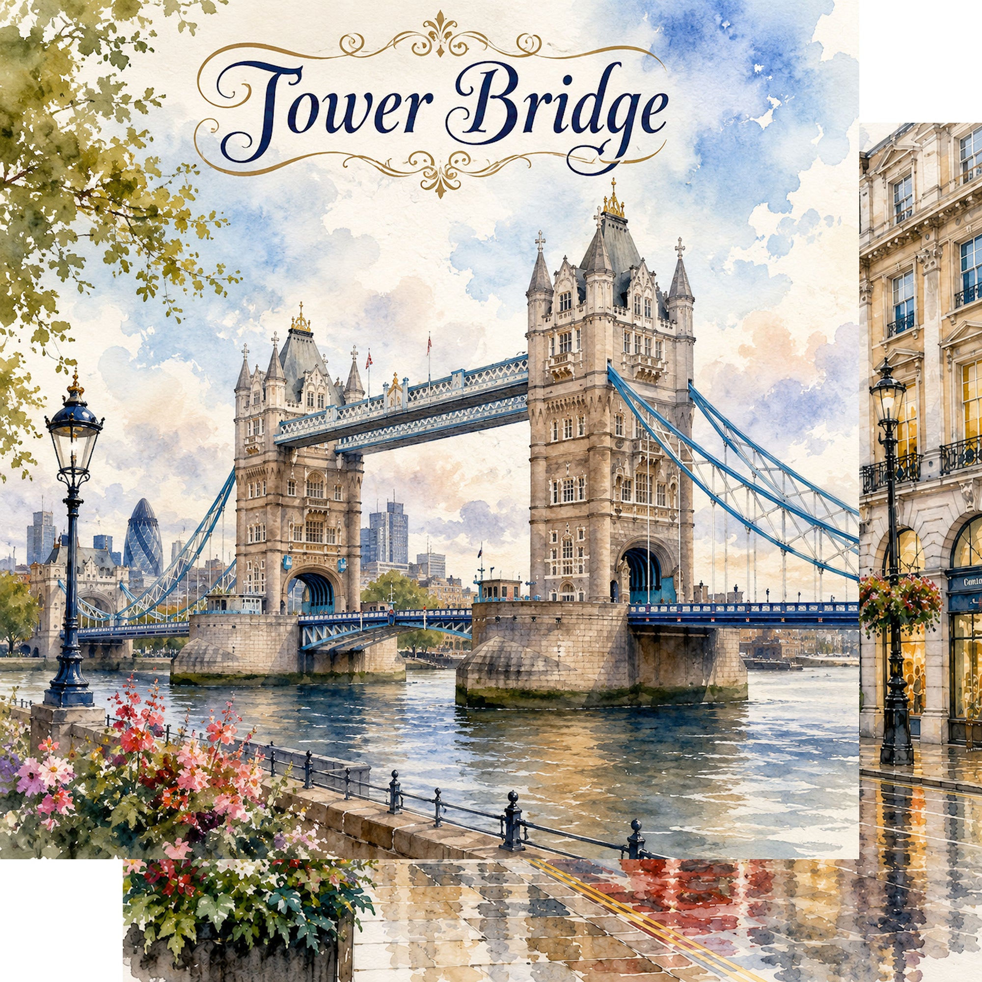 Watercolor London Collection Tower Bridge 12 x 12 Double-Sided Scrapbook Paper by SSC Designs