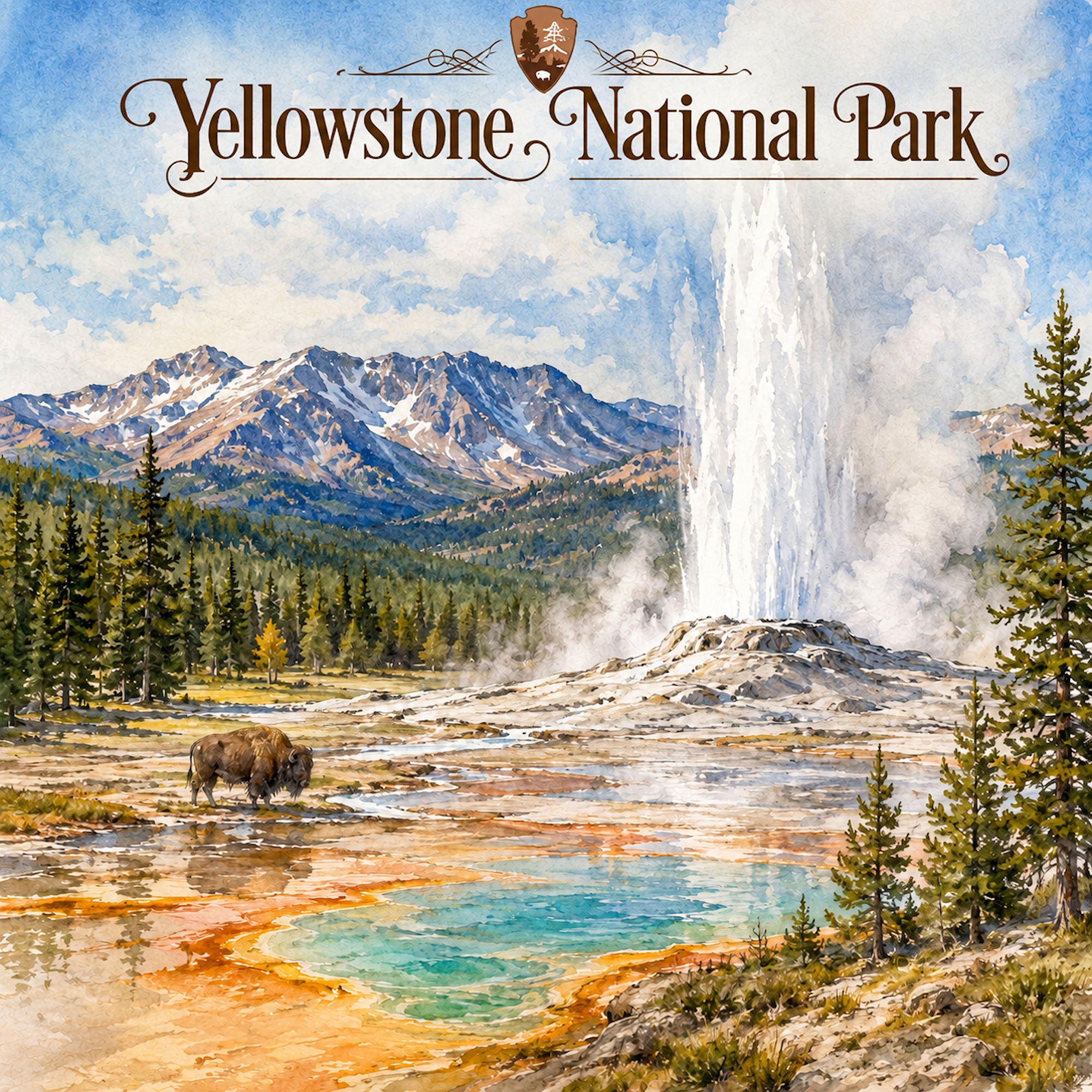 Watercolor National Parks Collection Yellowstone National Park 12 x 12 Double-Sided Scrapbook Paper by SSC Designs
