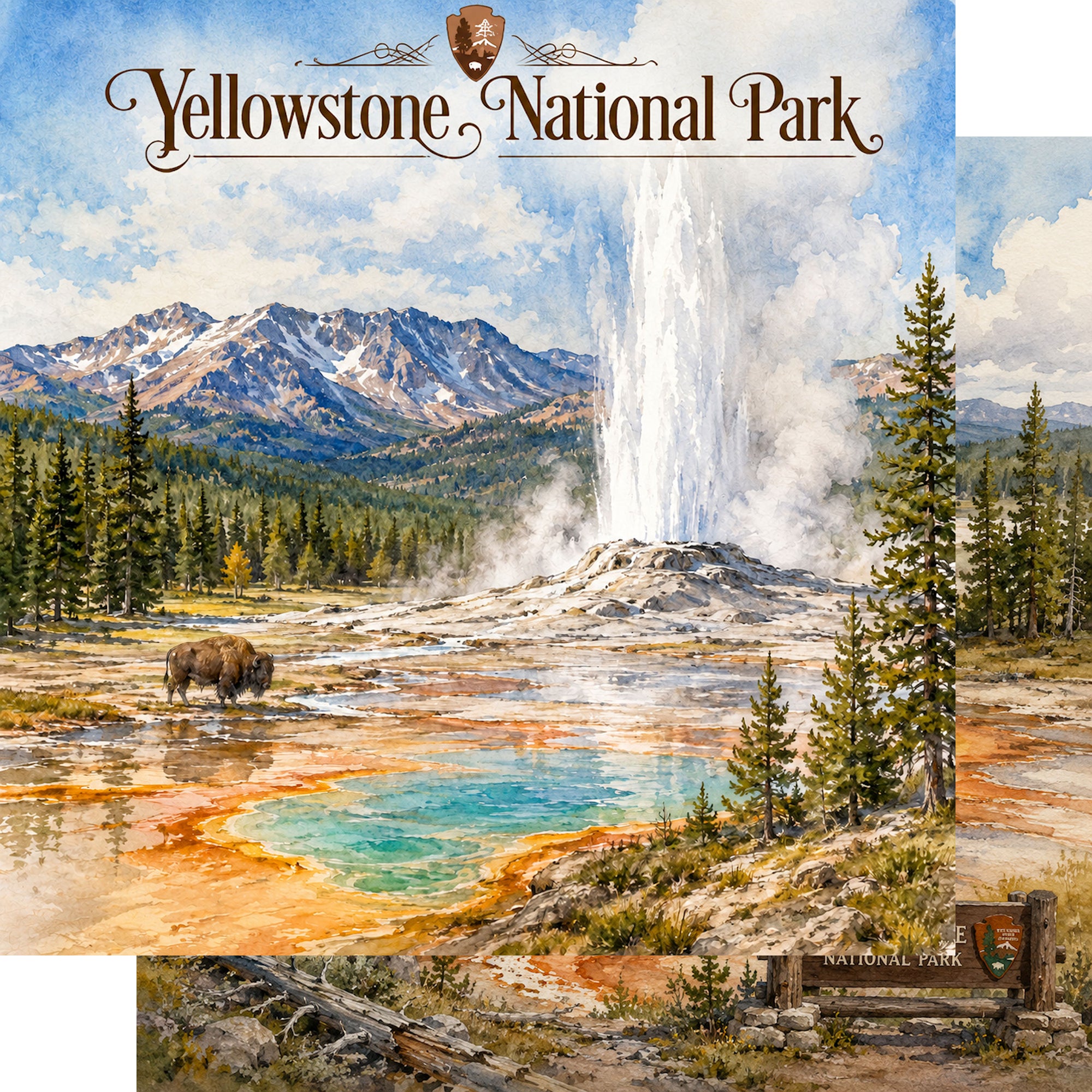 Watercolor National Parks Collection Yellowstone National Park 12 x 12 Double-Sided Scrapbook Paper by SSC Designs