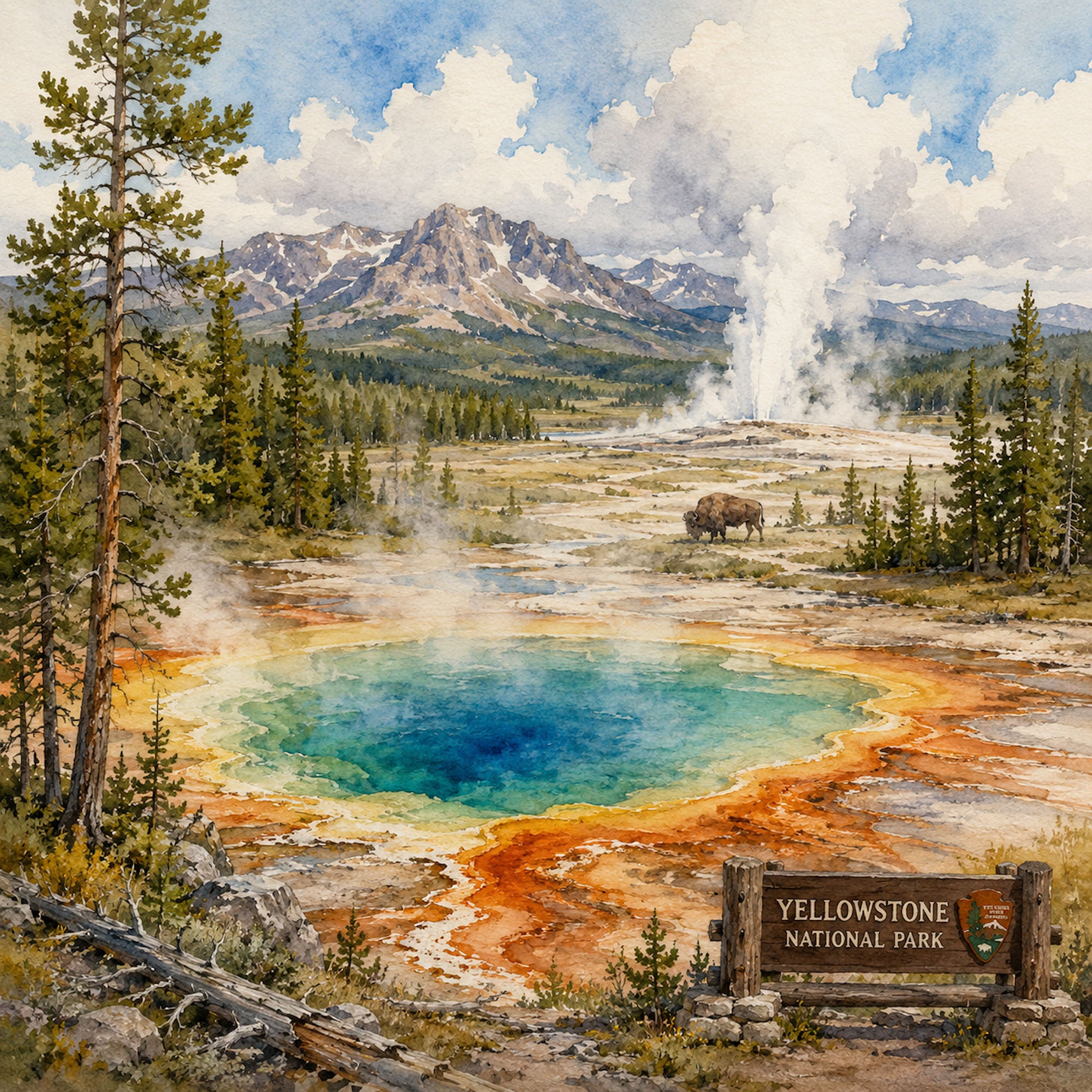 Watercolor National Parks Collection Yellowstone National Park 12 x 12 Double-Sided Scrapbook Paper by SSC Designs