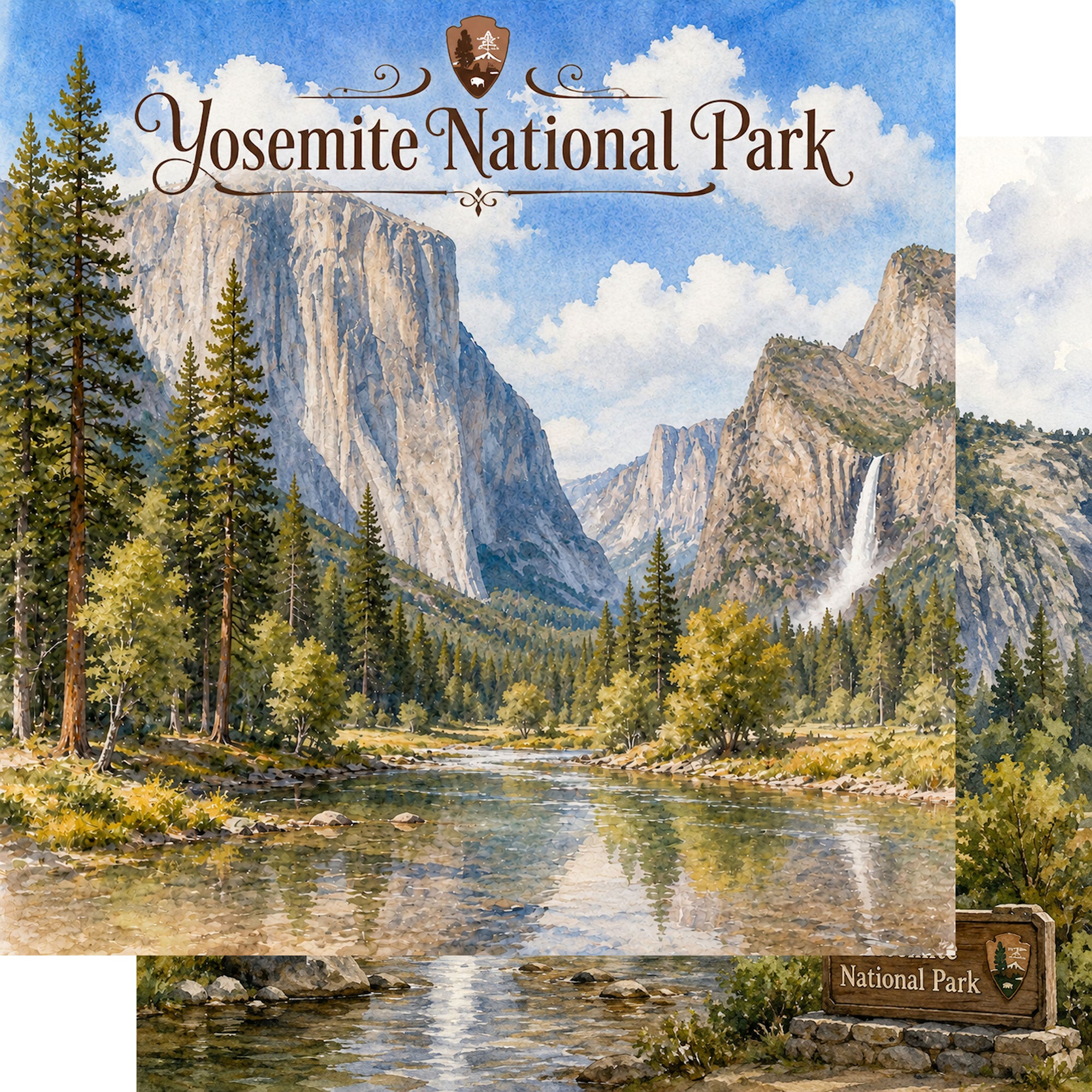 Watercolor National Parks Collection Yosemite National Park 12 x 12 Double-Sided Scrapbook Paper by SSC Designs