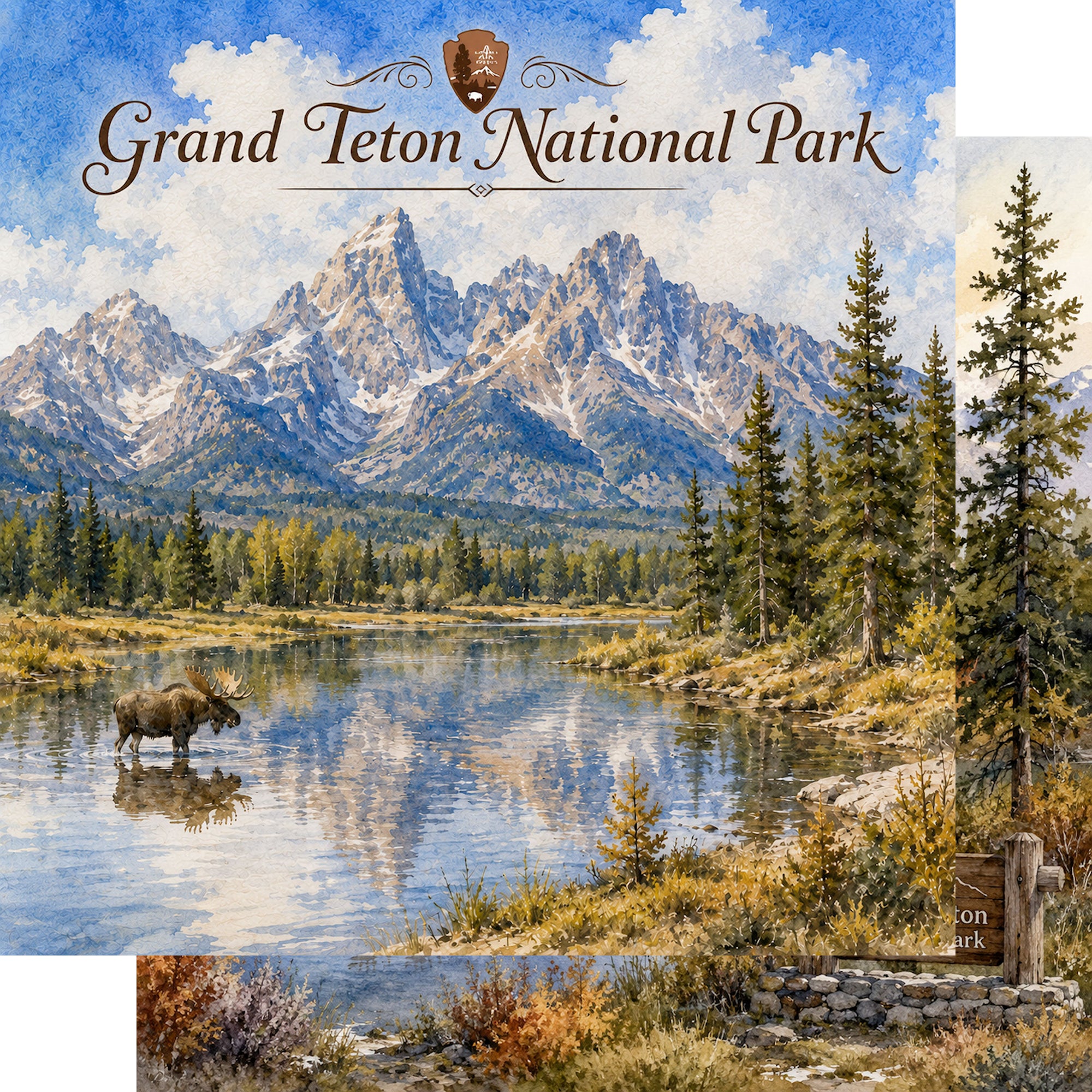 Watercolor National Parks Collection Grand Teton National Park 12 x 12 Double-Sided Scrapbook Paper by SSC Designs
