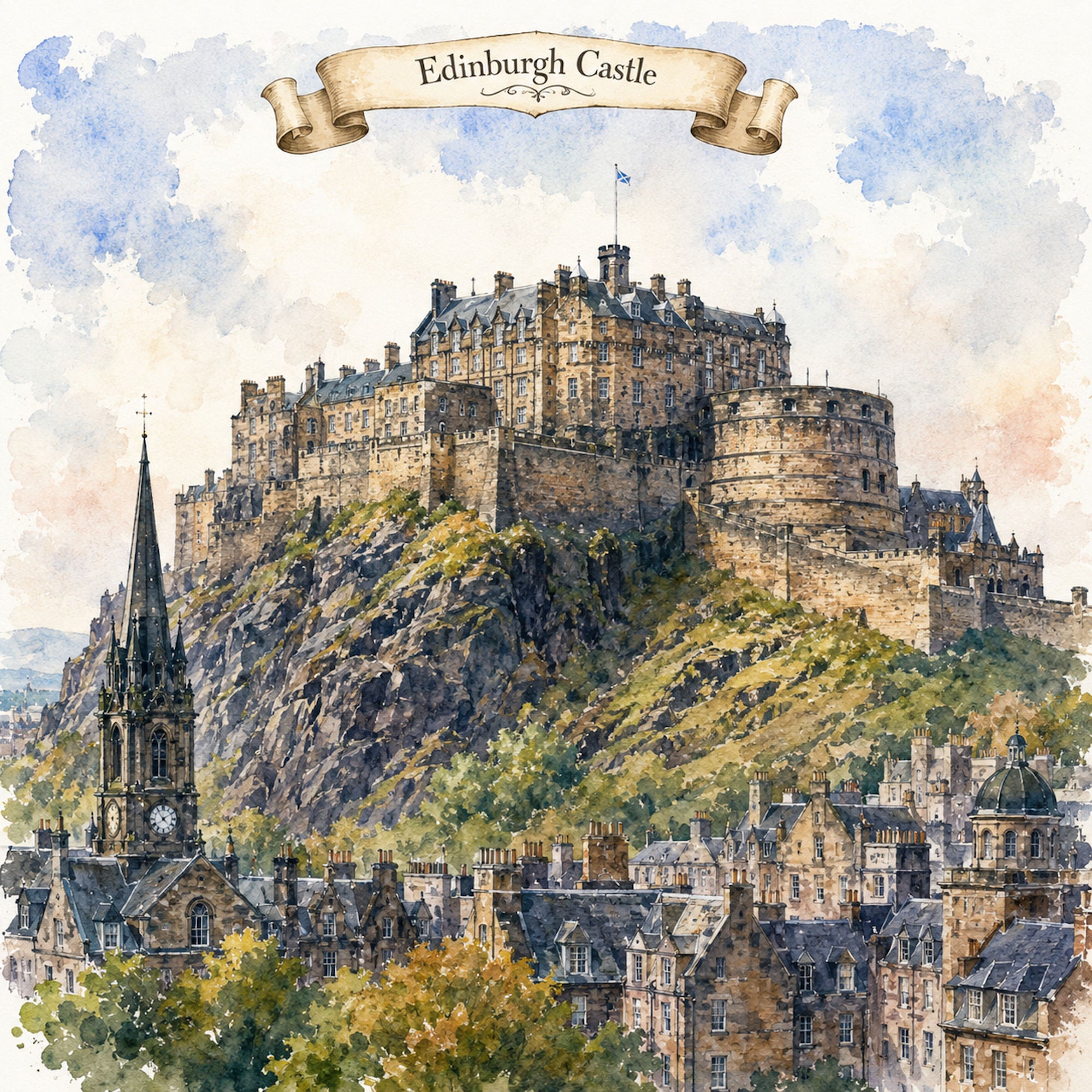 Watercolor Scotland Collection Edinburgh Castle 12 x 12 Double-Sided Scrapbook Paper by SSC Designs
