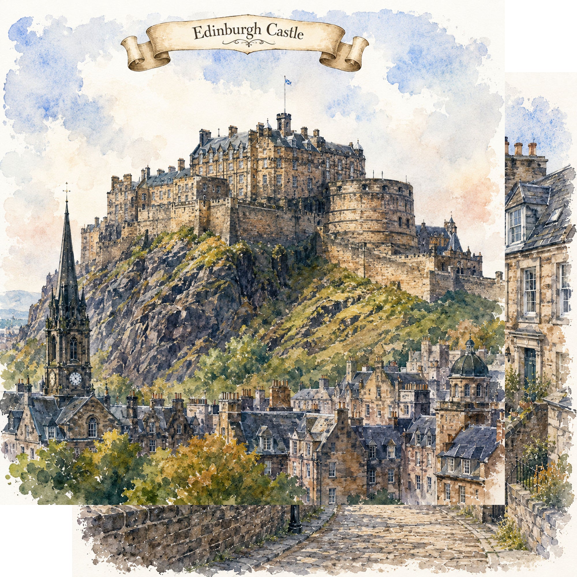 Watercolor Scotland Collection Edinburgh Castle 12 x 12 Double-Sided Scrapbook Paper by SSC Designs