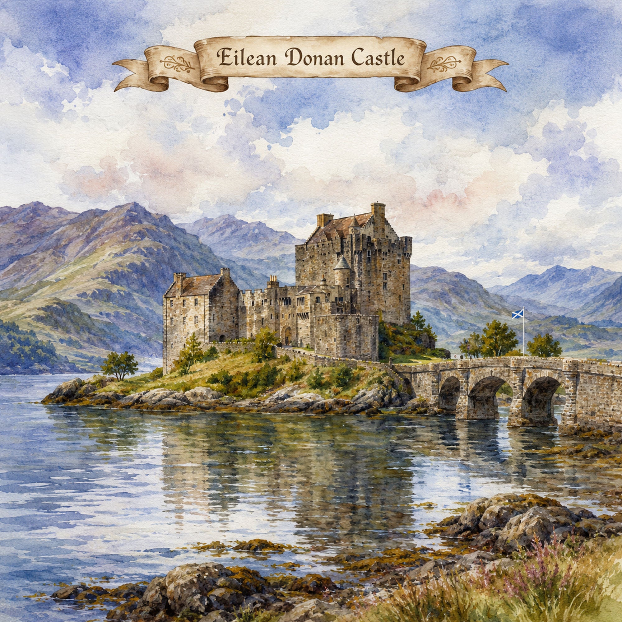 Watercolor Scotland Collection Eilean Donan Castle 12 x 12 Double-Sided Scrapbook Paper by SSC Designs