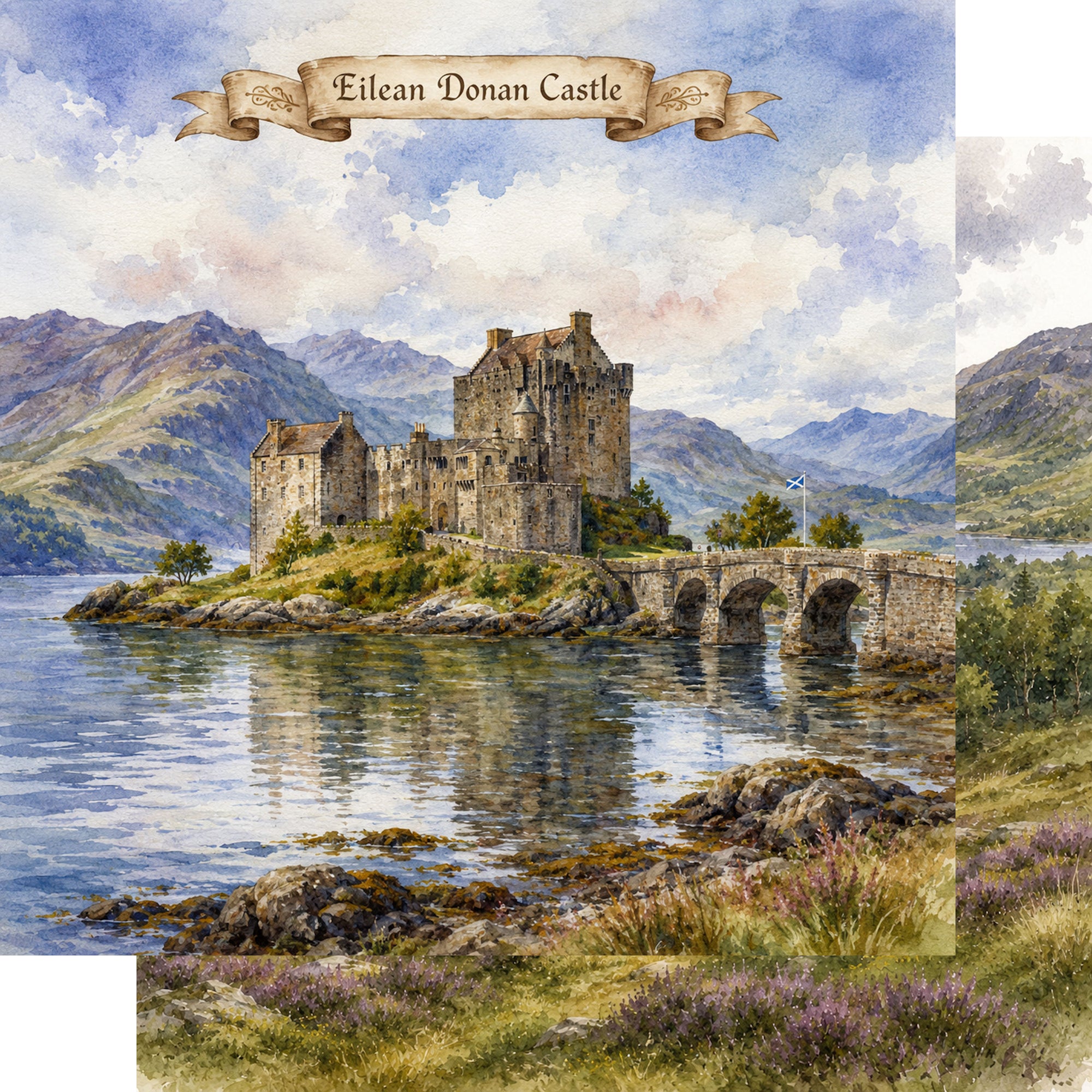 Watercolor Scotland Collection Eilean Donan Castle 12 x 12 Double-Sided Scrapbook Paper by SSC Designs