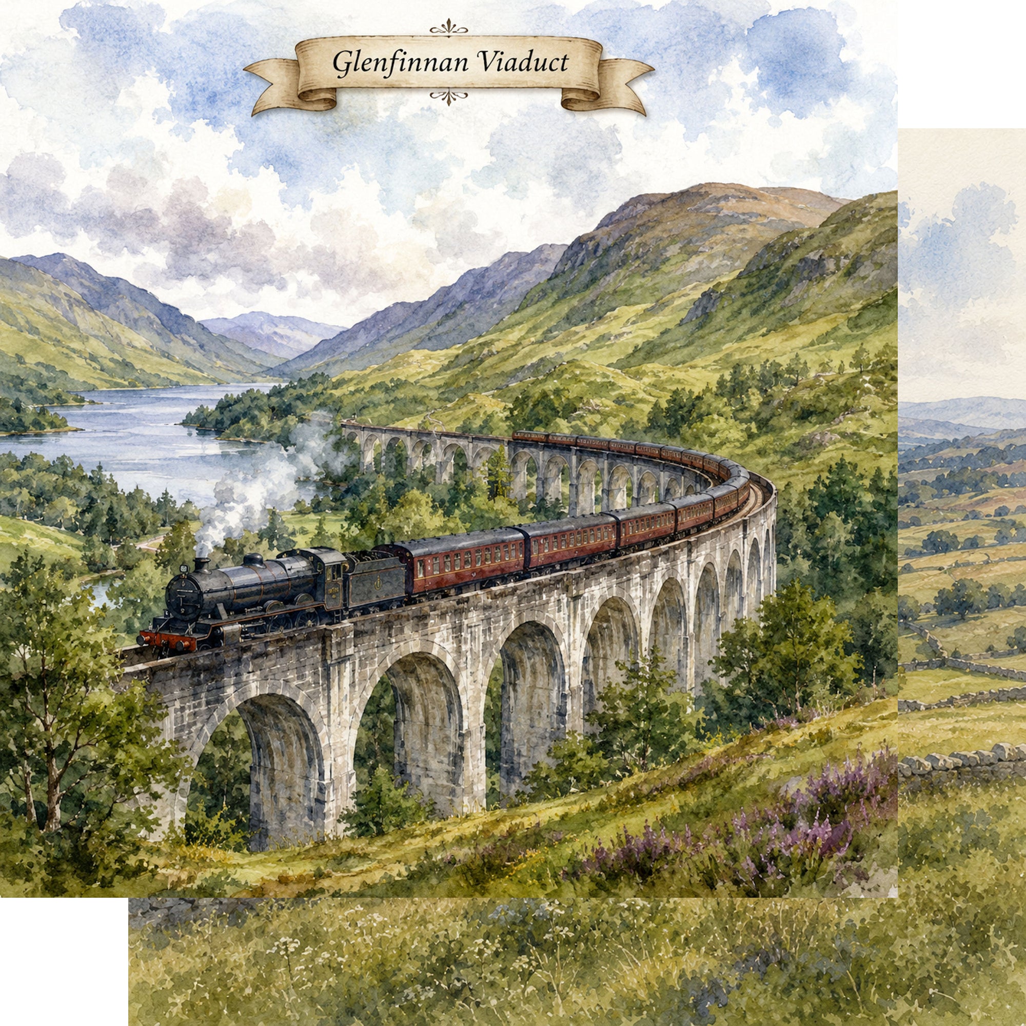 Watercolor Scotland Collection Glenfinnan Viaduct 12 x 12 Double-Sided Scrapbook Paper by SSC Designs