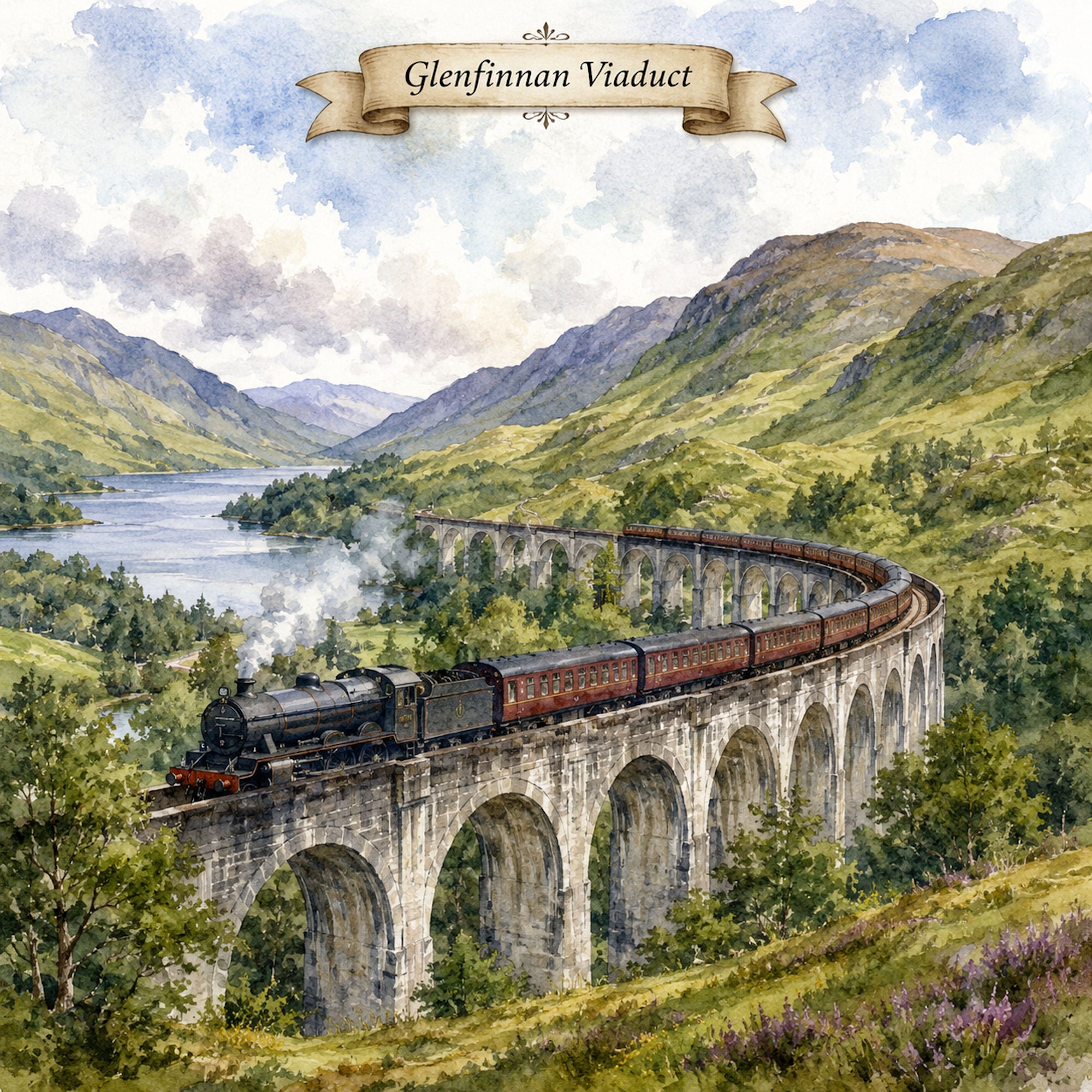 Watercolor Scotland Collection Glenfinnan Viaduct 12 x 12 Double-Sided Scrapbook Paper by SSC Designs