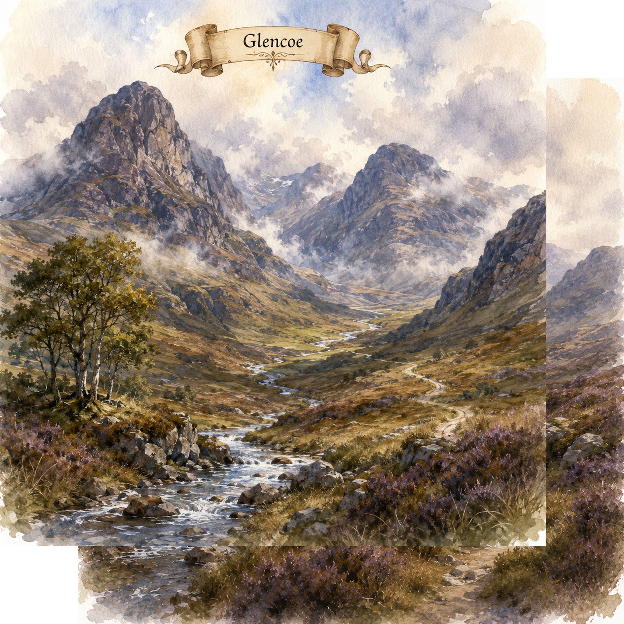 Watercolor Scotland Collection Glencoe 12 x 12 Double-Sided Scrapbook Paper by SSC Designs