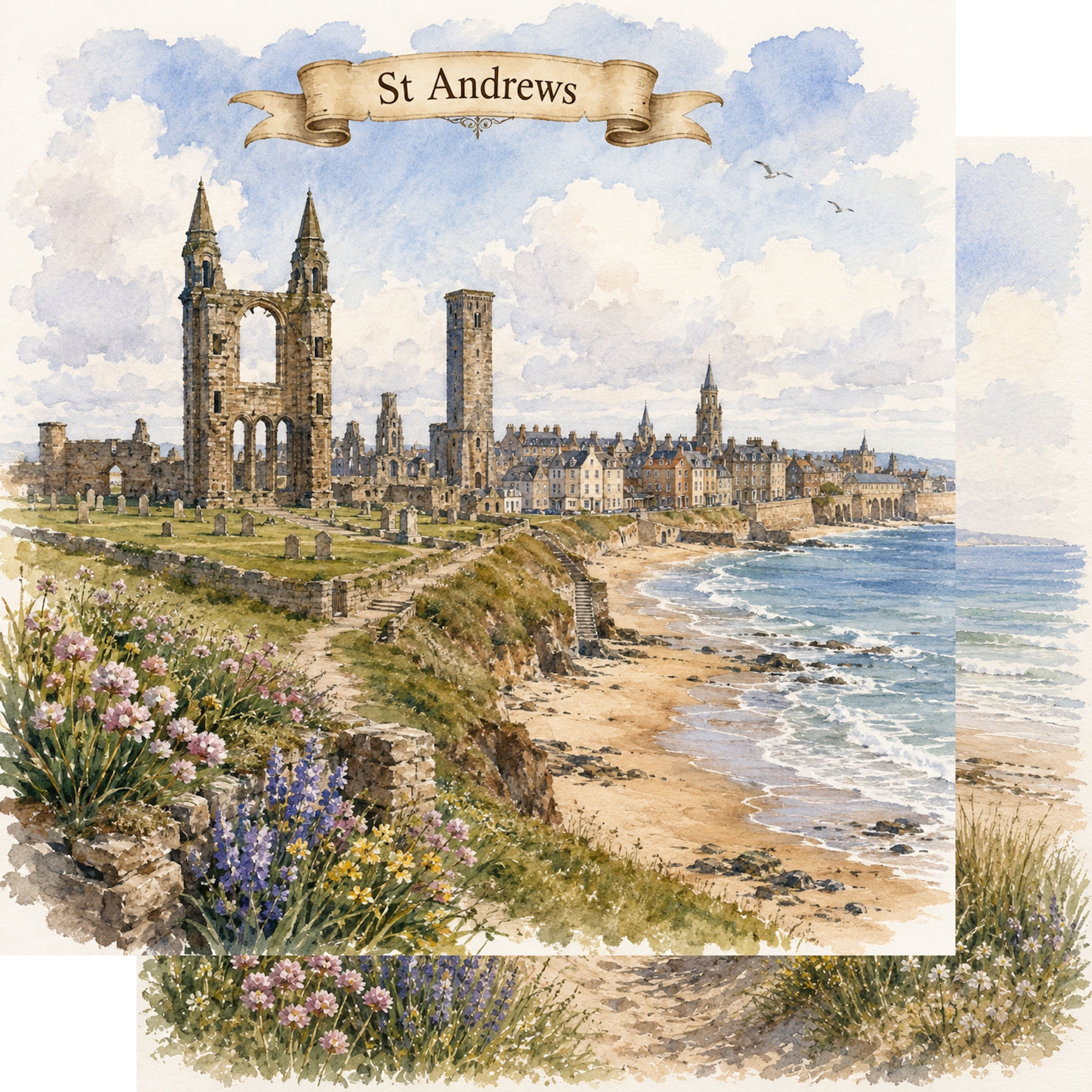 Watercolor Scotland Collection St. Andrews 12 x 12 Double-Sided Scrapbook Paper by SSC Designs