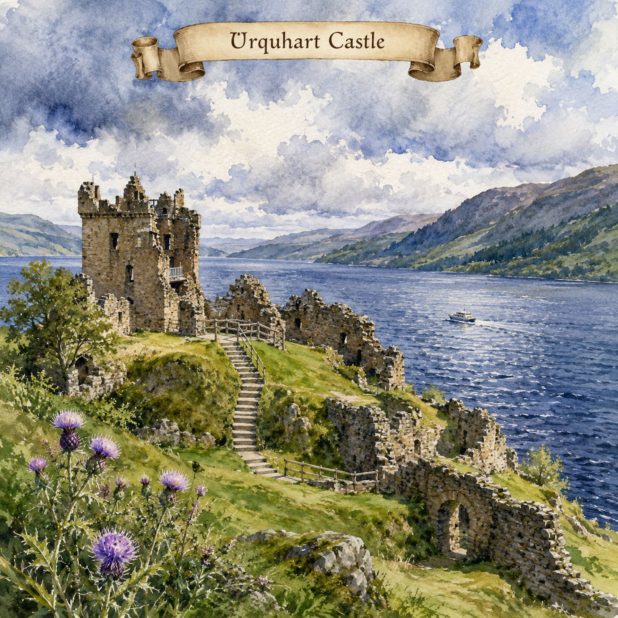 Watercolor Scotland Collection Urquhart Castle 12 x 12 Double-Sided Scrapbook Paper by SSC Designs
