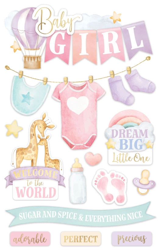 Family Collection Baby Girl Watercolor 5x7 Glitter & Foil 3D Scrapbook Embellishment by Paper House Productions