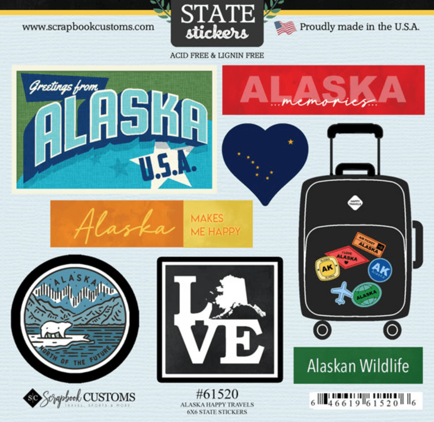Alaska Happy Travels Collection 6 x 6 Scrapbook Sticker Sheet by Scrapbook Customs - Scrapbook Supply Companies