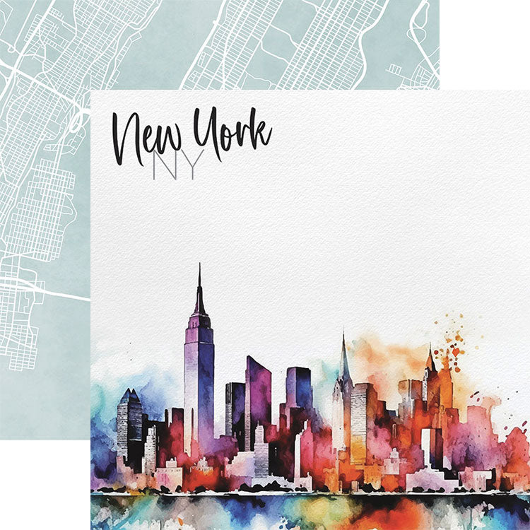 Watercolor New York Collection Skyline 12 x 12 Double-Sided Scrapbook Paper by Paper House Productions