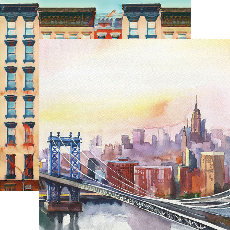 Watercolor New York Collection Brooklyn Bridge 12 x 12 Double-Sided Scrapbook Paper by Paper House Productions