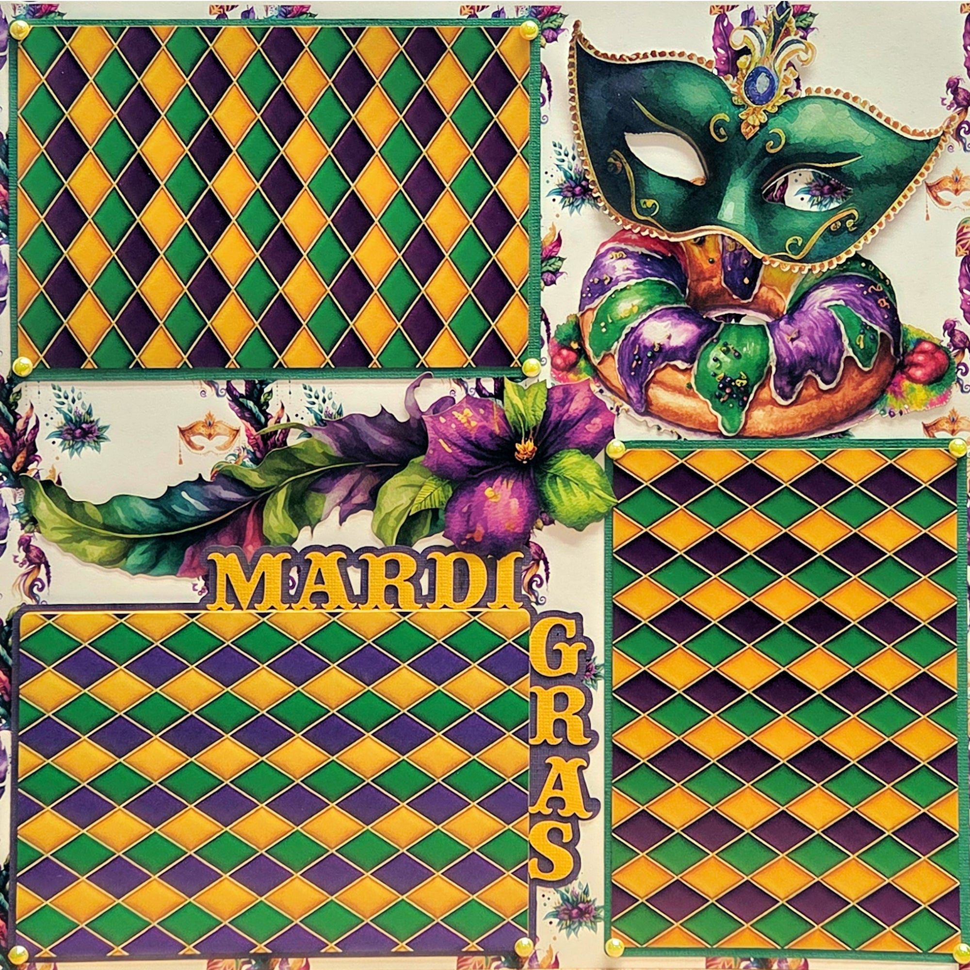 Mardi Gras (2) - 12 x 12 Pages, Fully-Assembled & Hand-Crafted 3D Scrapbook Premade by SSC Designs