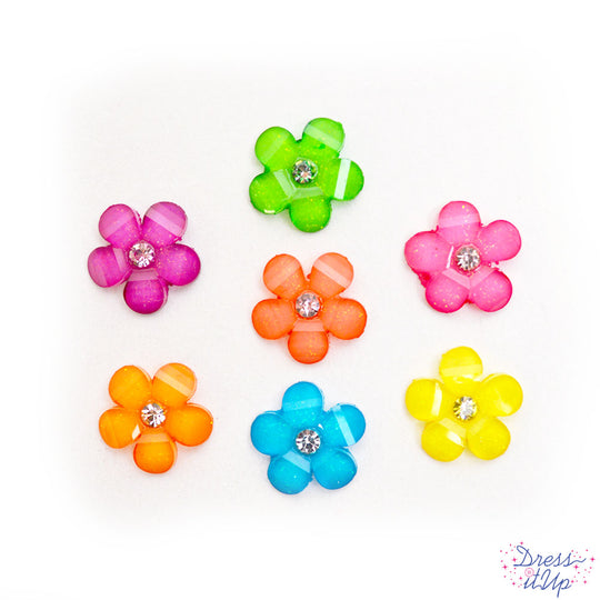 Dress It Up Collection Rainbow Petals 20mm Flatback Resin Glitter Flowers with Rhinestone Centers by Jesses James Buttons - Pkg. of 7