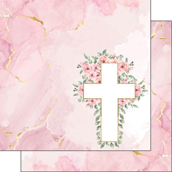 Holy Sacraments Collection Pink Flower Cross 12 x 12 Double-Sided Scrapbook Paper by Scrapbook Customs