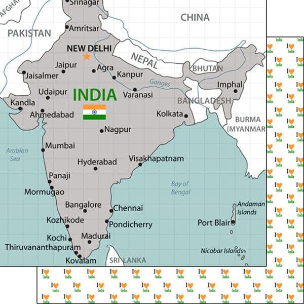 Travel Adventure Collection India Map 12 x 12 Double-Sided Scrapbook Paper by Scrapbook Customs - Scrapbook Supply Companies