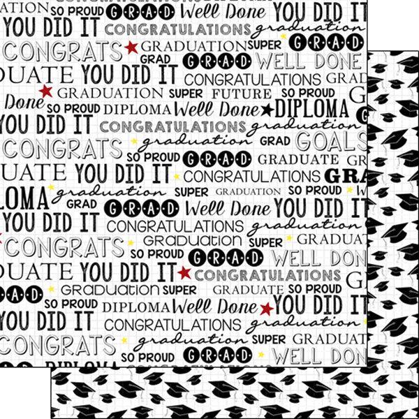 Black & White Grad Collection Graduation Words 12 x 12 Double-Sided Scrapbook Paper by Scrapbook Customs