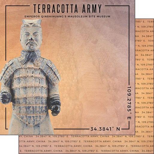 Travel Coordinates Collection Terracotta Army, Emperor Qinshihuang's Mausoleum Site Museum, China 12 x 12 Double-Sided Scrapbook Paper by Scrapbook Customs