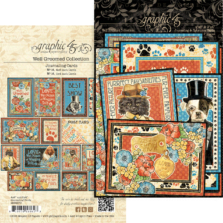 Well Groomed Collection 4 x 6 and 3 x 4 Journaling & Ephemera Scrapbook Cards by Graphic 45 - 32 Pieces - Scrapbook Supply Companies