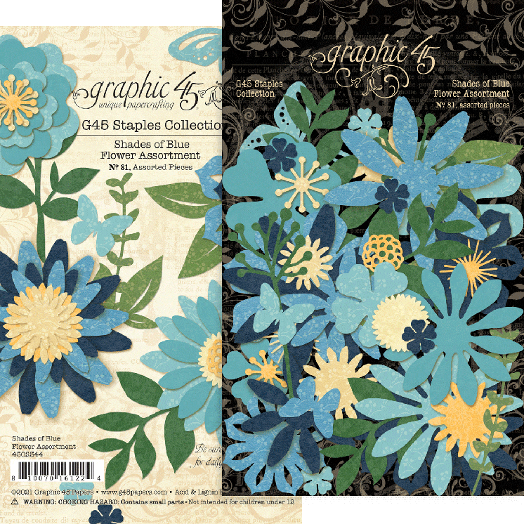 Staples Collection Shades of Blue Flower Assortment by Graphic 45-81 assorted pieces - Scrapbook Supply Companies