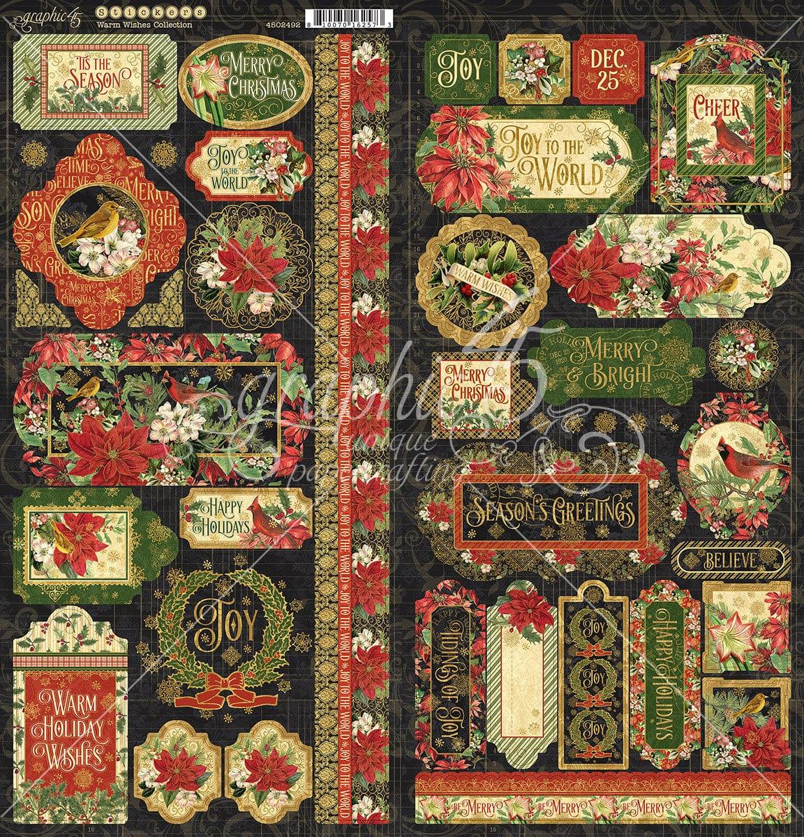 Warm Wishes Collection 12 x 12 Cardstock Scrapbook Sticker Sheet by Graphic 45 - Scrapbook Supply Companies