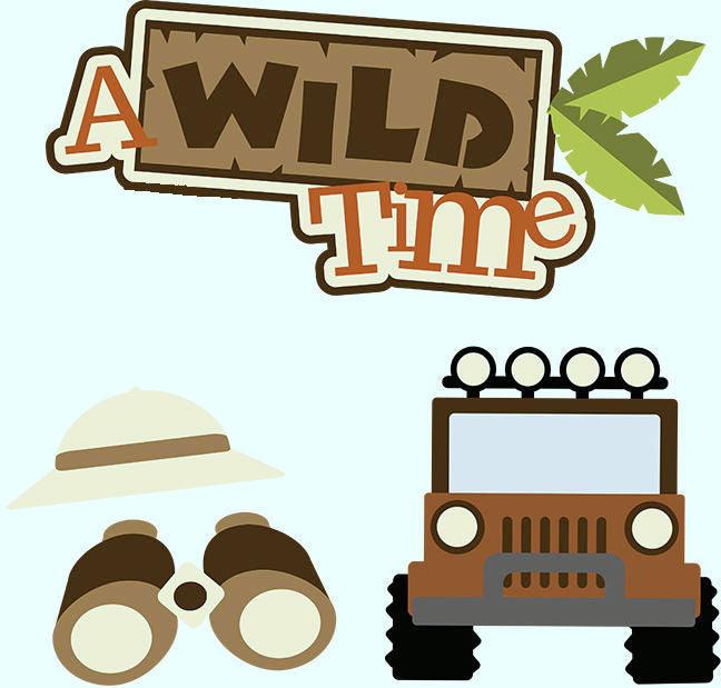 A Wild Time 4 x 7 Title w/ Binoculars, Safari Hat & Safari Vehicle Scrapbook Laser Embellishment Set by SSC Laser Designs - 4 Pieces