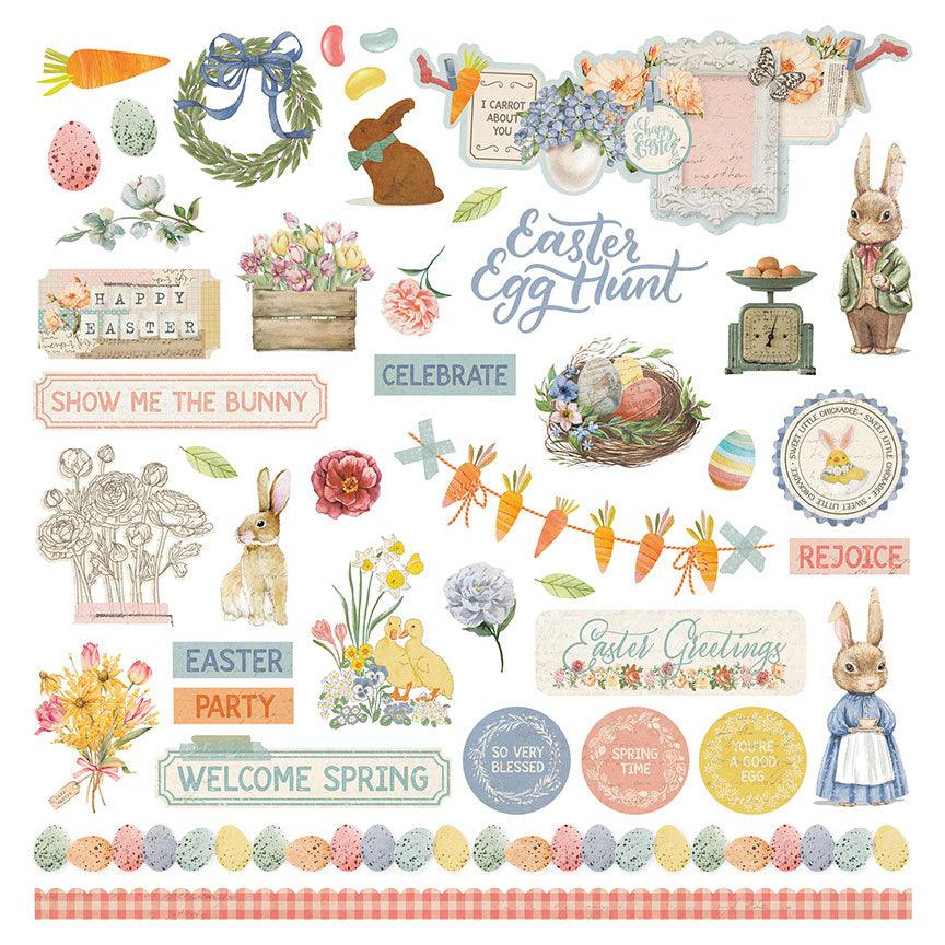 Bunnies and Blooms Collection 12 x 12 Cardstock Scrapbook Sticker Sheet by Photo Play Paper