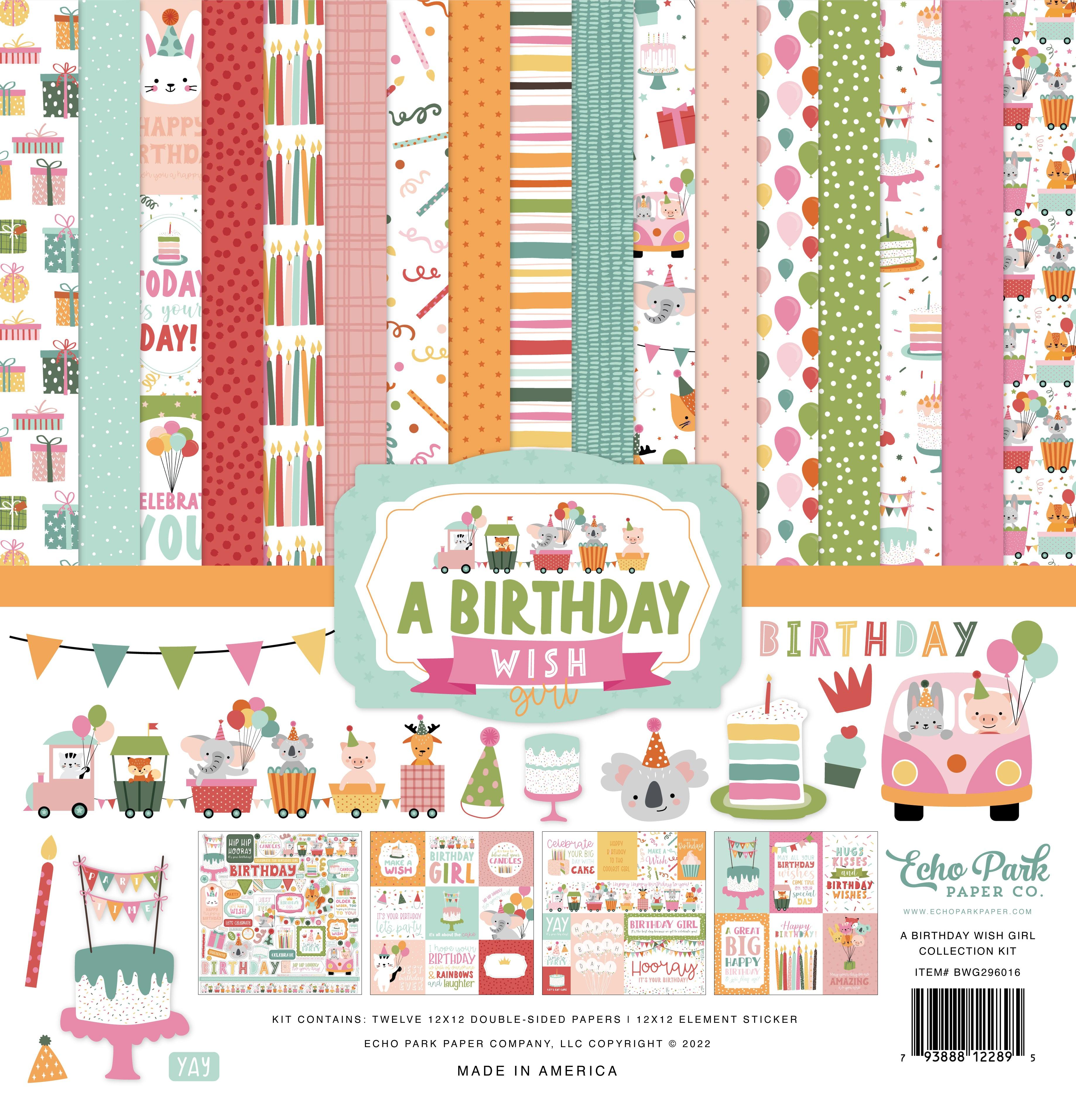 A Birthday Wish Girl Collection 12 x 12 Double-Sided Scrapbook Paper & Sticker Collection Kit by Echo Park Paper 