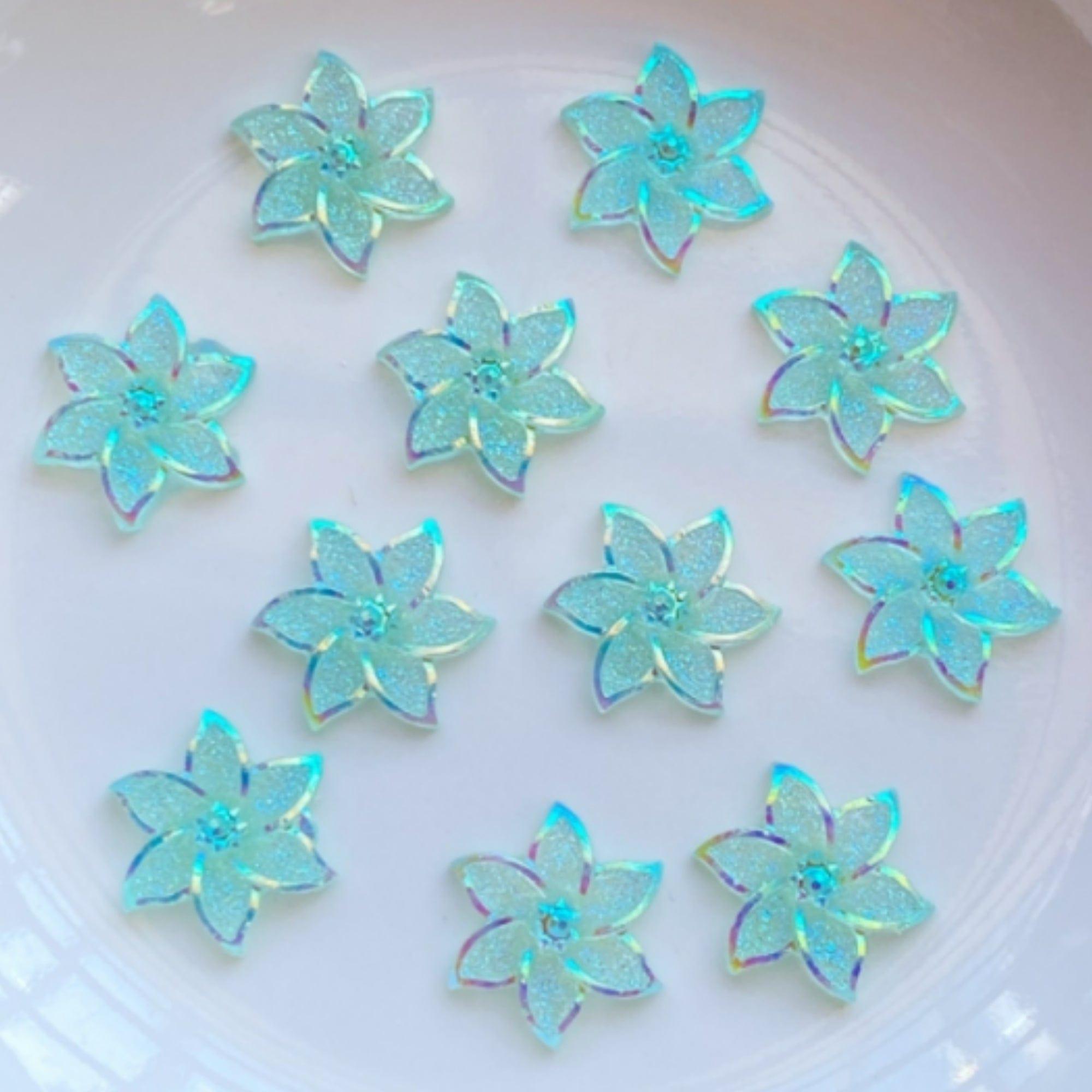 Iridescent Ice Blue Mini Flower Resin 1/2 inch Flatback Embellishments by SSC Designs - 10 pieces