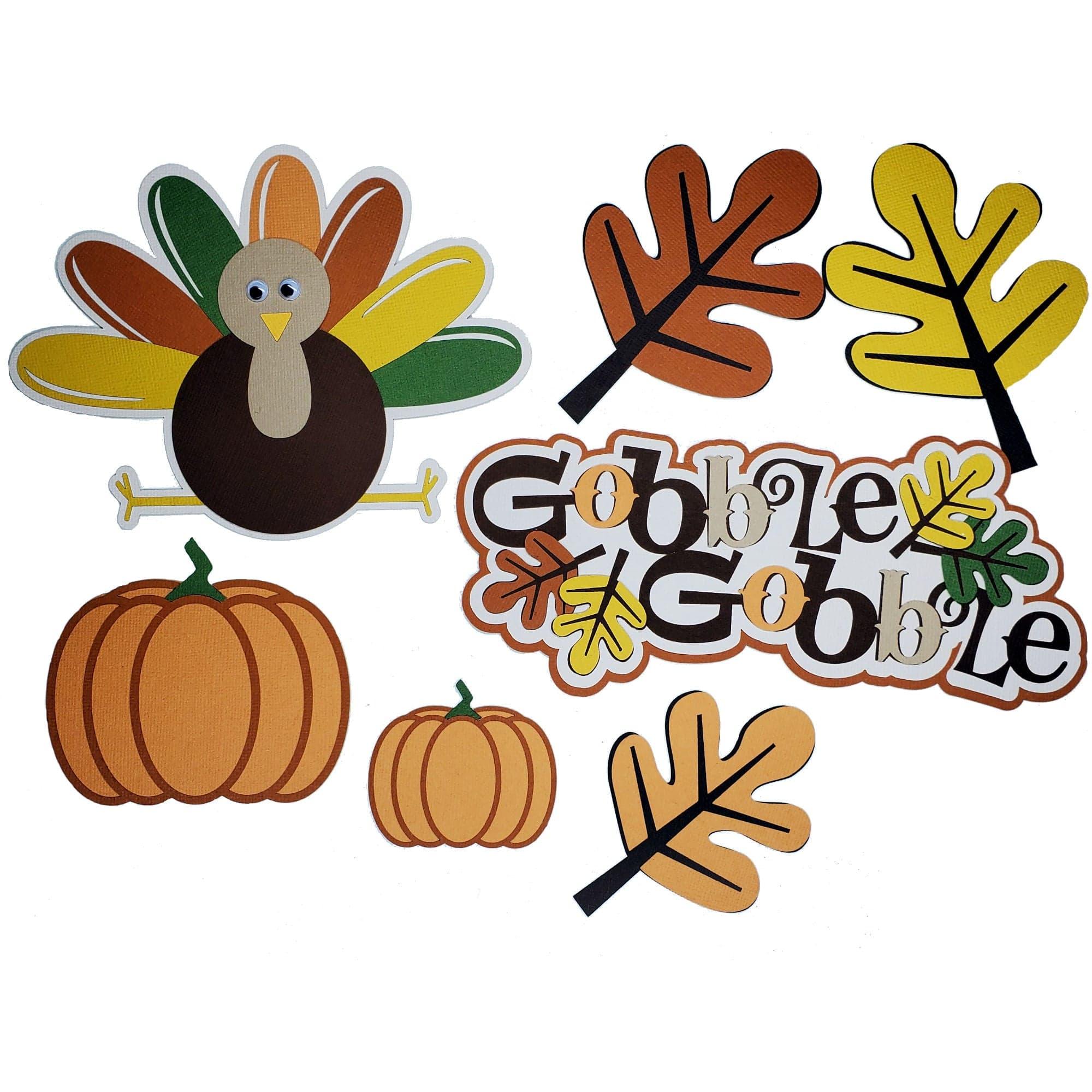 Gobble, Gobble 3 x 8 Title, 5 x 6 Turkey, Pumpkin & Leaves Laser Cut Scrapbook Embellishment by SSC Laser Designs