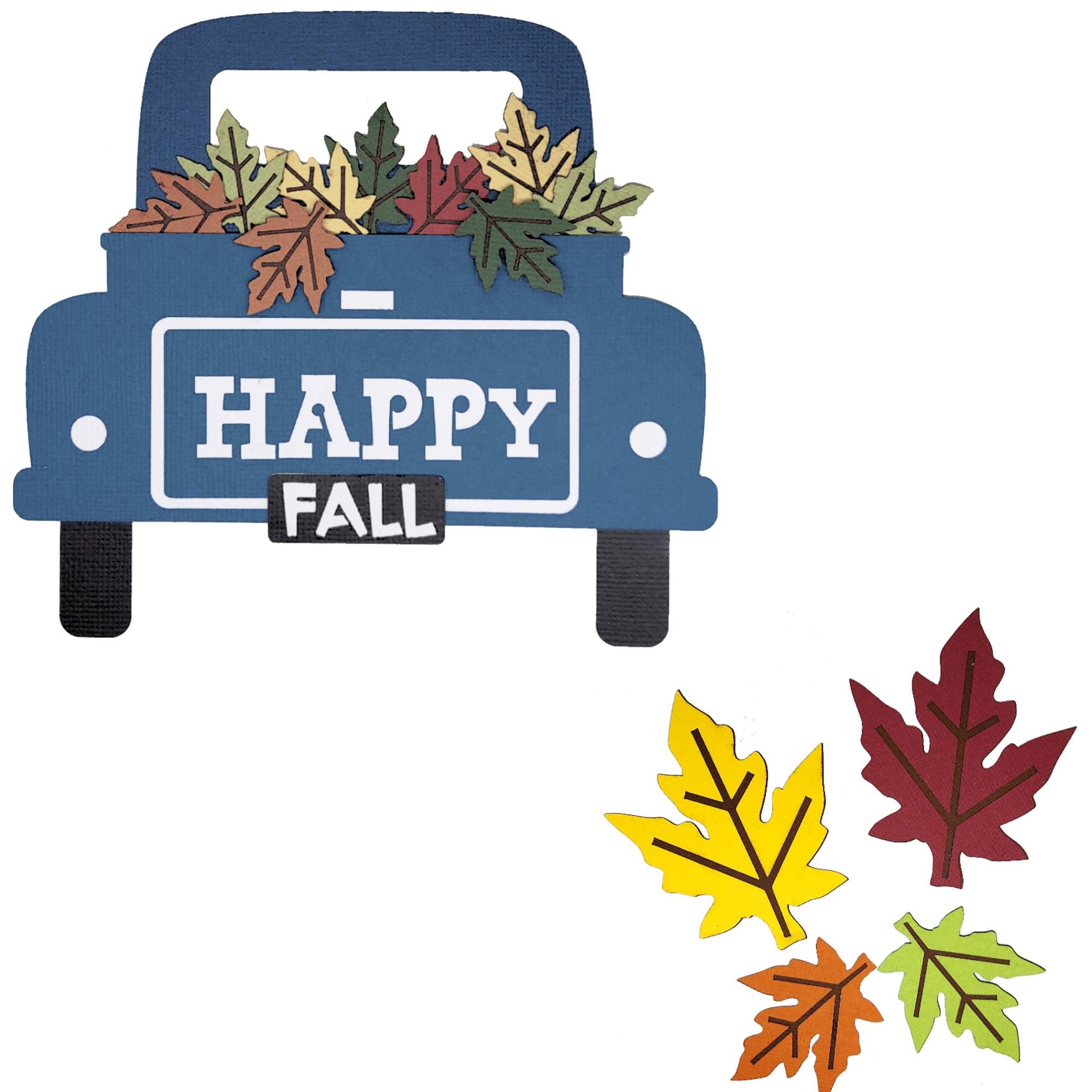 Falling Leaves Collection Happy Fall Blue Truck & Leaves 5 x 5 Laser Cut Scrapbook Embellishment by SSC Laser Designs