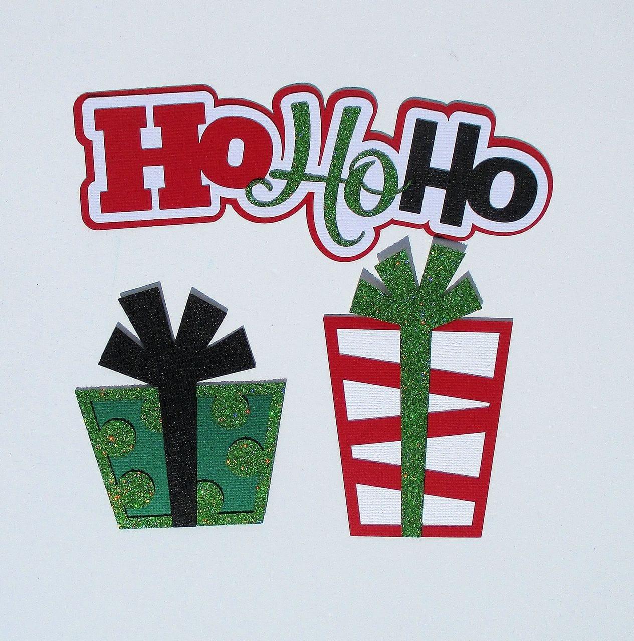 Ho Ho Ho & Presents 3 x 7 Glittered Laser Cut Scrapbook Embellishment by SSC Laser Designs