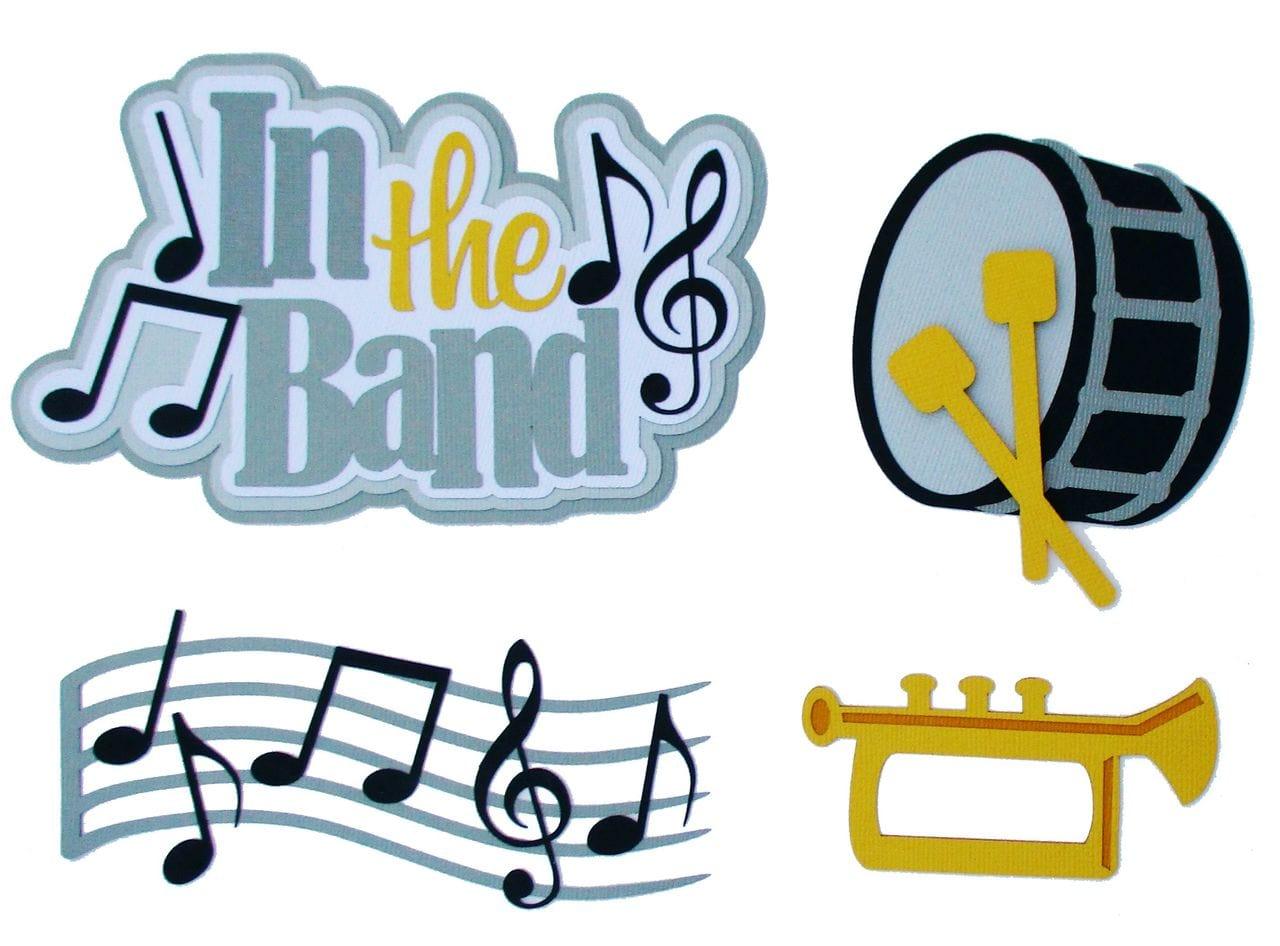 In The Band 4 x 6 Title, Trumpet, Drum & Music Notes 4-Piece Set Fully-Assembled Laser Cut Scrapbook Embellishment by SSC Laser Designs