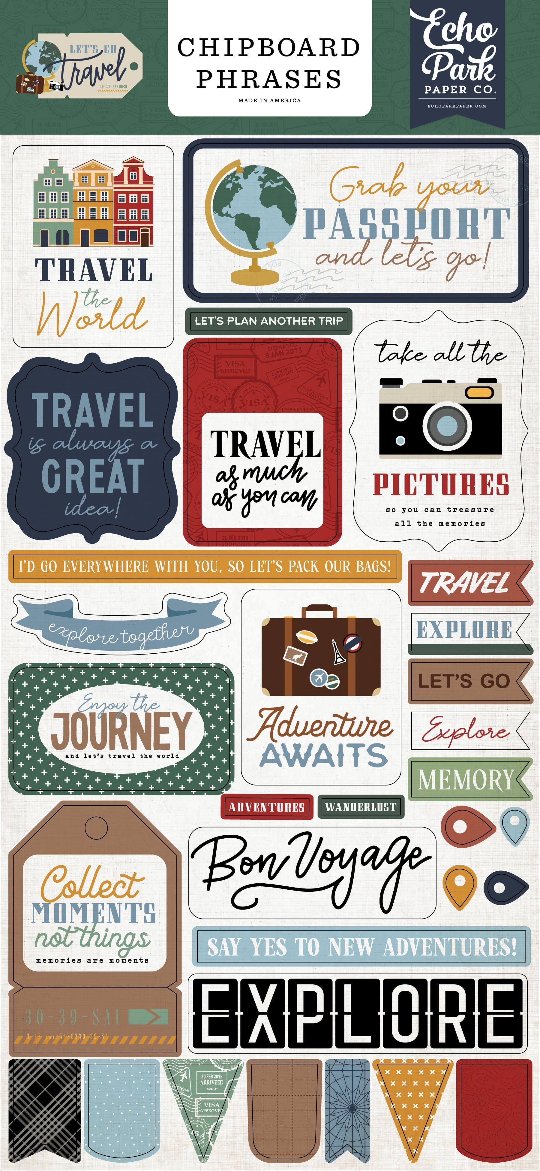 Let's Go Travel Collection 6 x 12 Scrapbook Chipboard Phrases by Echo Park Paper 