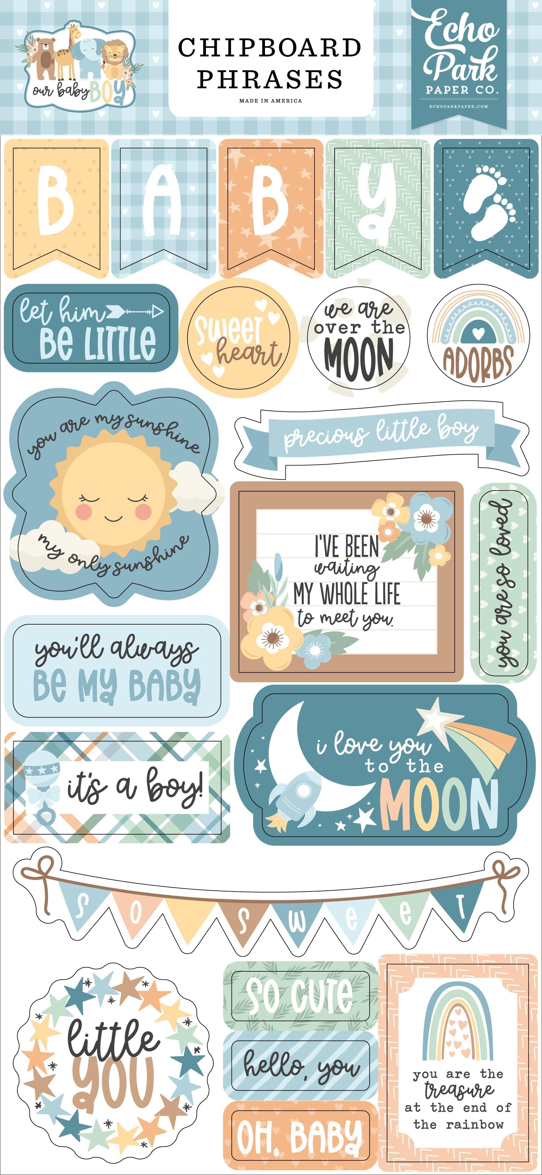 Our Baby Boy Collection 6 x 12 Scrapbook Chipboard Phrases by Echo Park Paper - Scrapbook Supply Companies