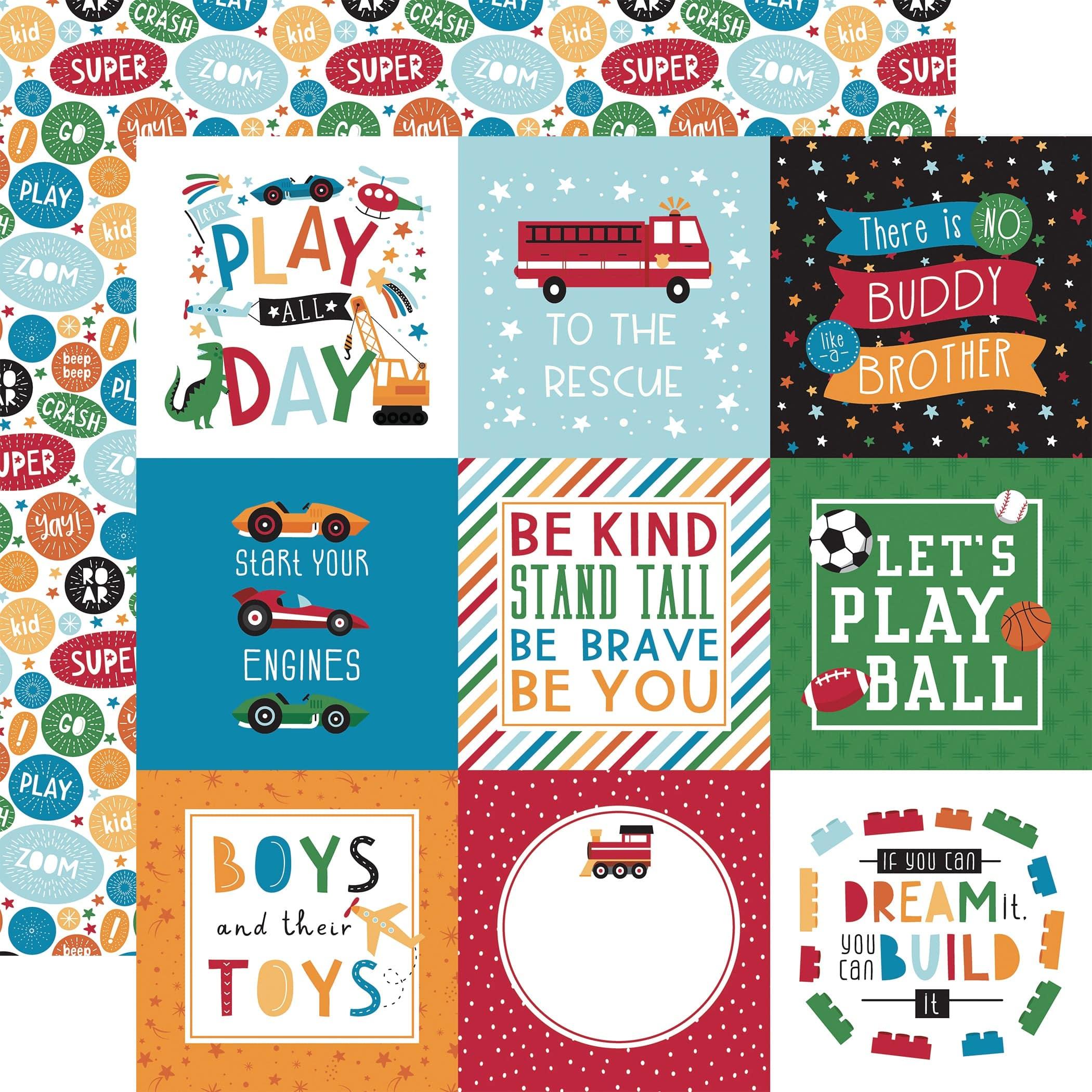 Play All Day Boy Collection 4X4 Journaling Cards 12 x 12 Double-Sided Scrapbook Paper by Echo Park Paper - Scrapbook Supply Companies