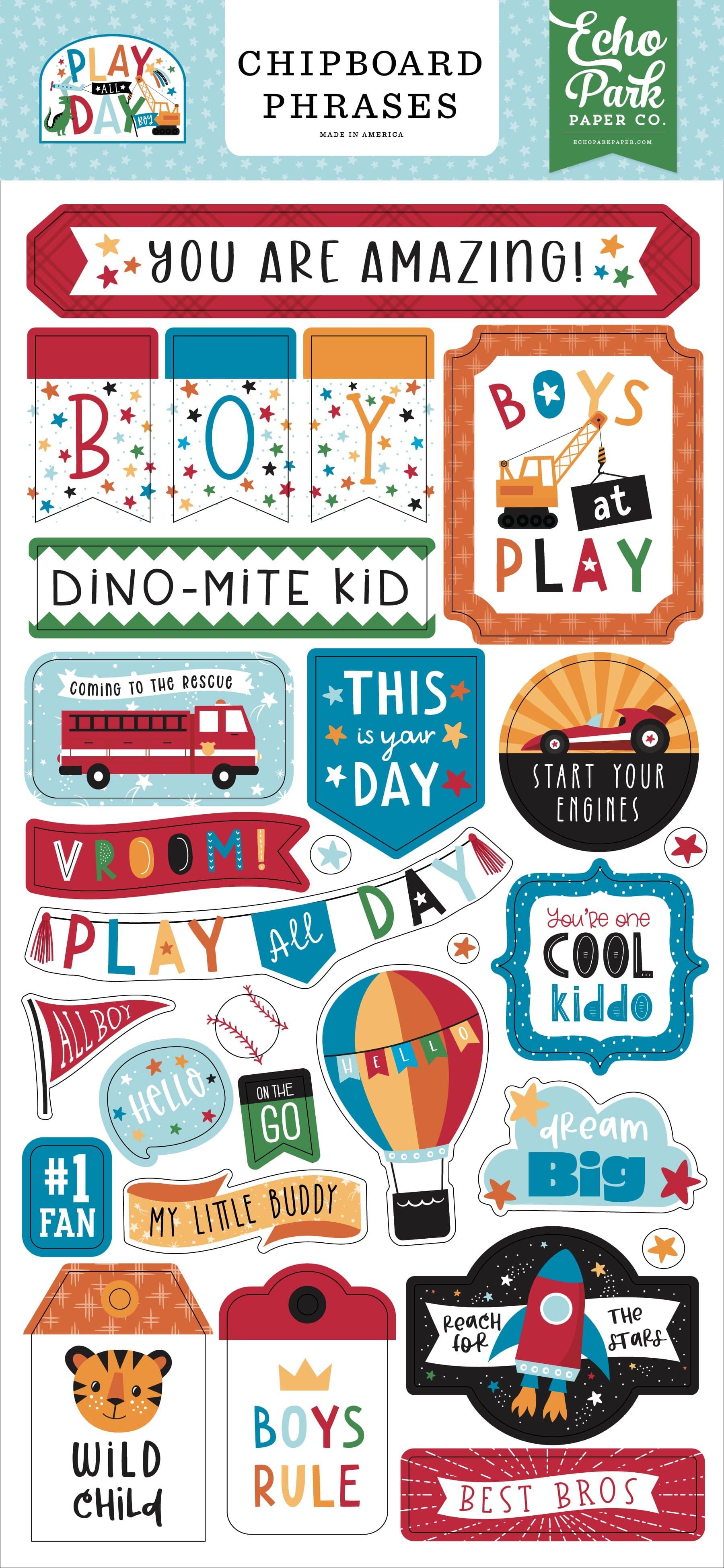 Play All Day Boy Collection 6 x 12 Scrapbook Chipboard Phrases by Echo Park Paper - Scrapbook Supply Companies