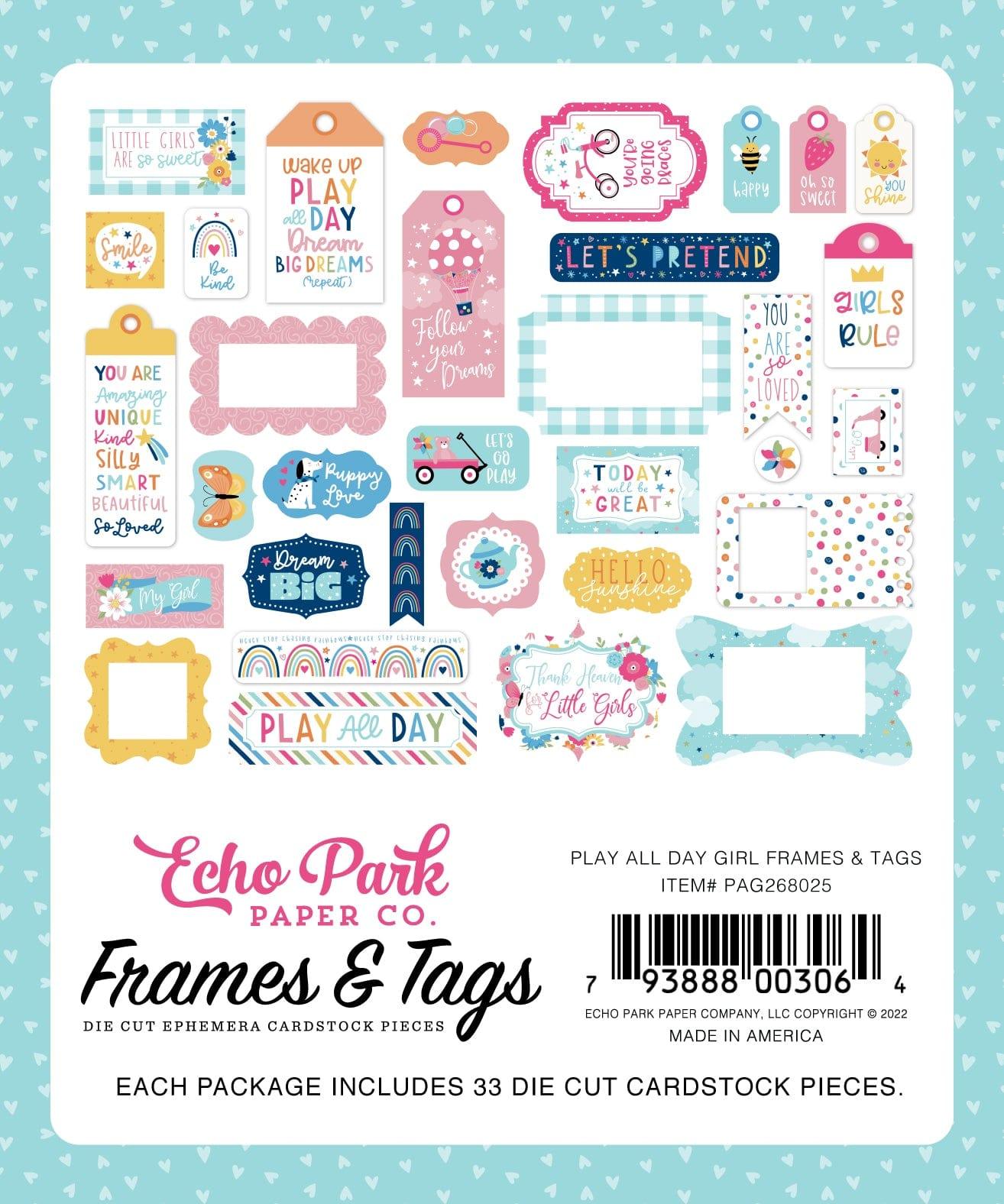 Play All Day Girl Collection 5 x 5 Scrapbook Tags & Frames Die Cuts by Echo Park Paper - Scrapbook Supply Companies