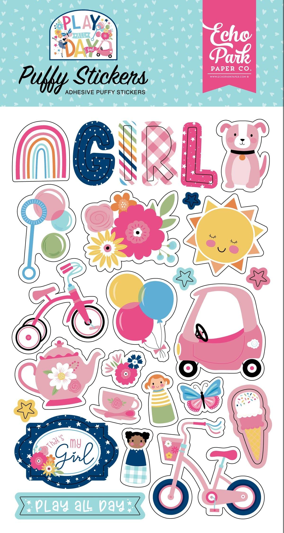 Play All Day Girl Collection 4 x 7 Puffy Stickers Scrapbook Embellishments by Echo Park Paper - Scrapbook Supply Companies