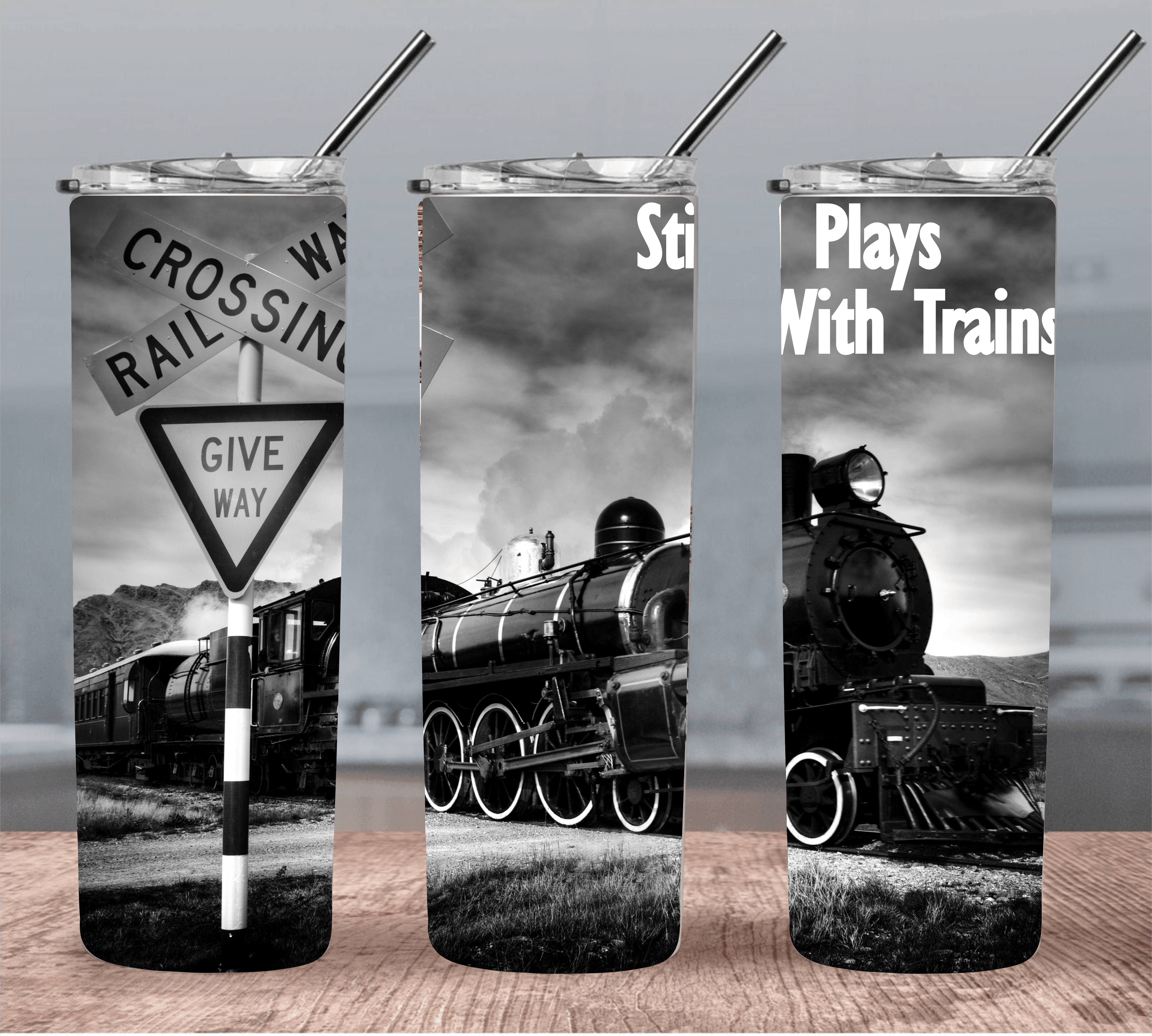 Still Plays With Trains 30 oz. Straight Skinny Tumbler by SSC Designs