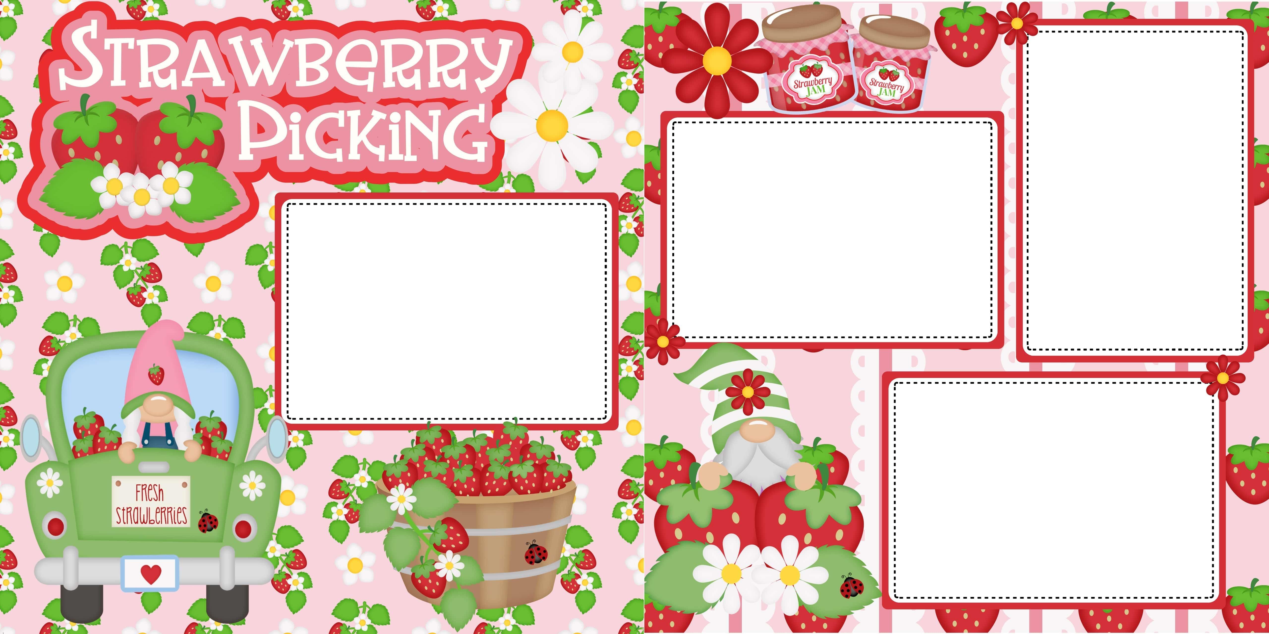 Gnomes Picking Strawberries (2) - 12 x 12 Premade, Printed Scrapbook Pages by SSC Designs