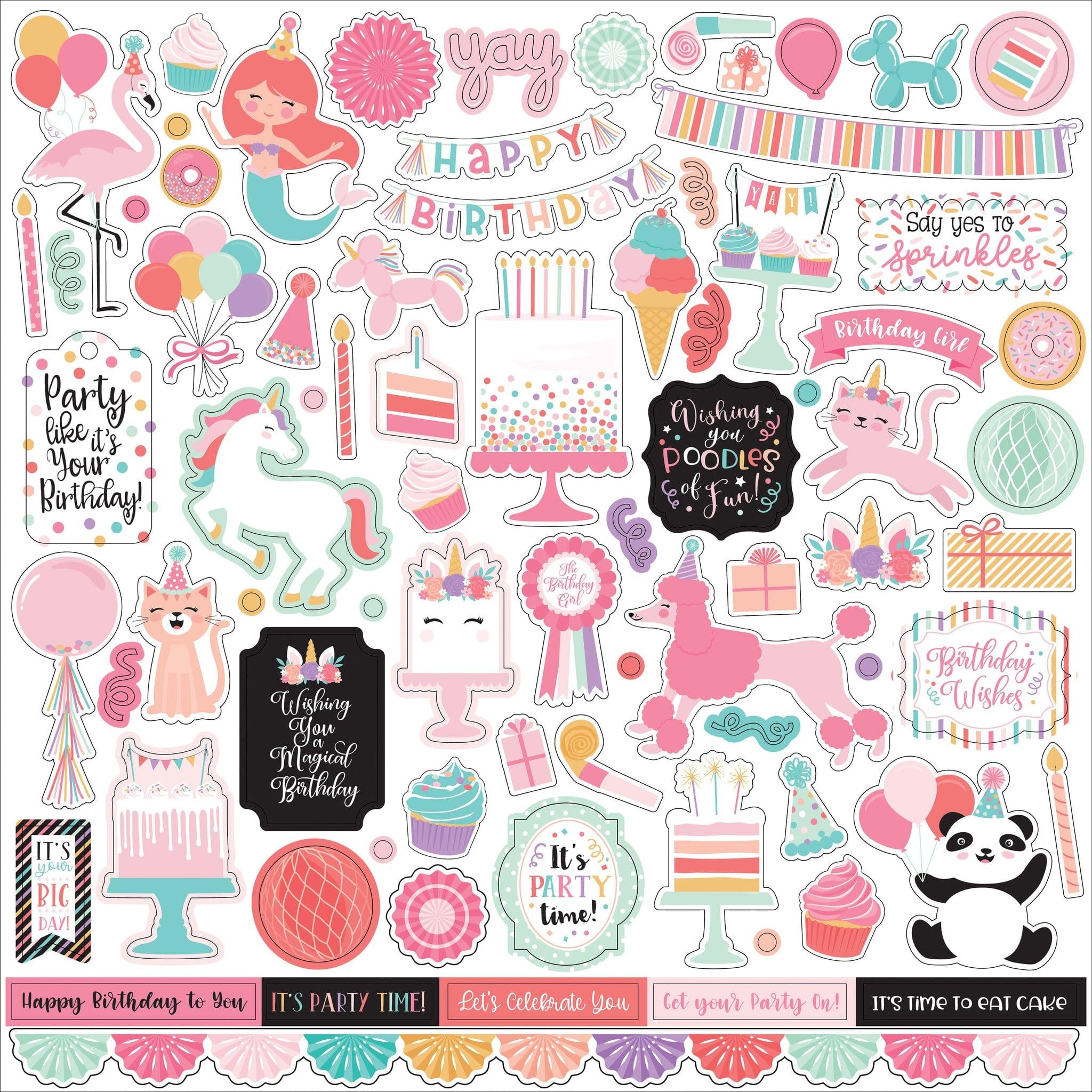 It's Your Birthday Girl Collection Elements 12 x 12 Scrapbook Sticker Sheet by Echo Park Paper - Scrapbook Supply Companies