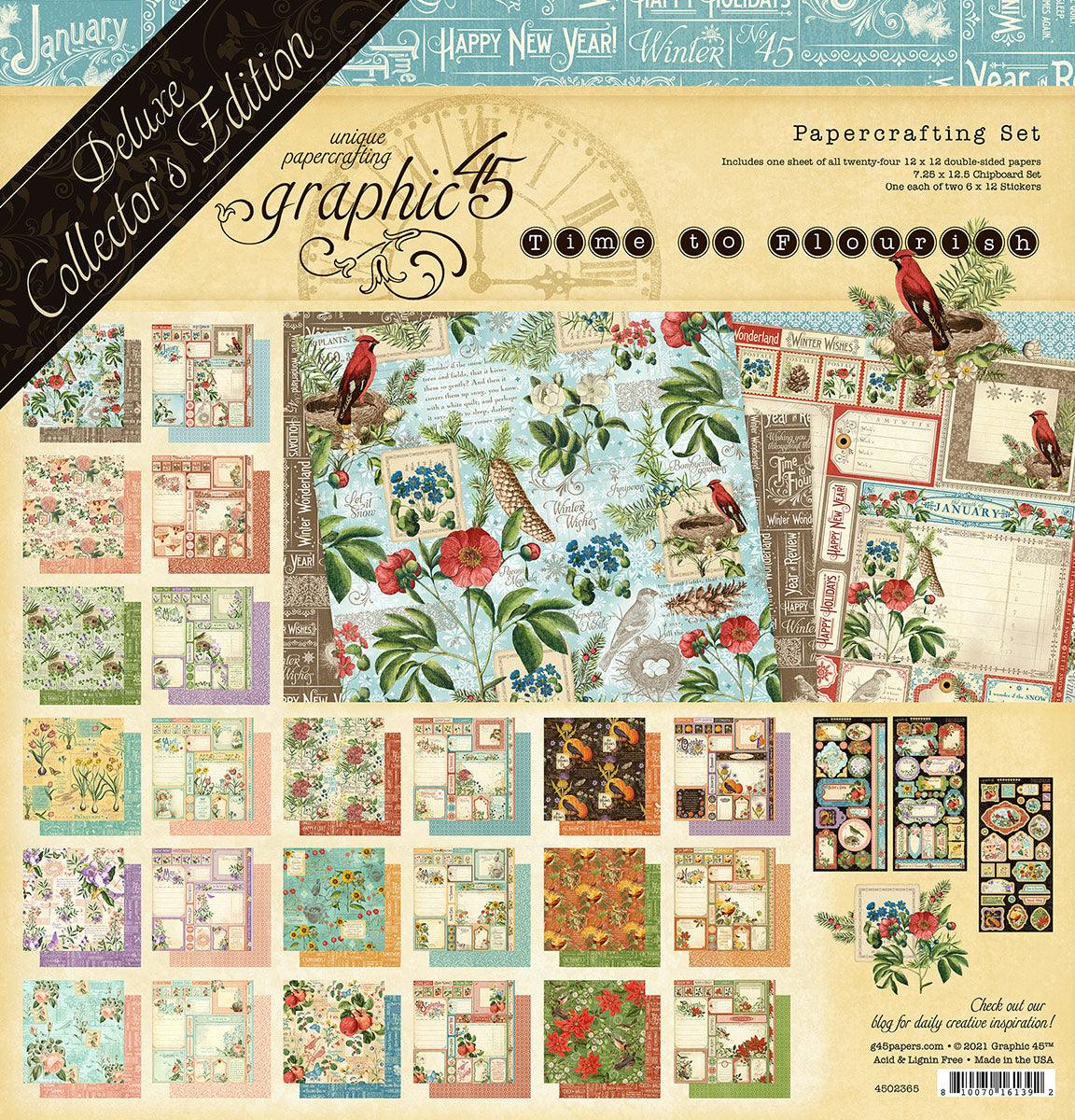 Deluxe Collector's Edition Time To Flourish Collection 12 x 12 Calendar Kit includes 24 Double-Sided Papers, Sticker Sheet & Die Cuts by Graphic 45 - Scrapbook Supply Companies